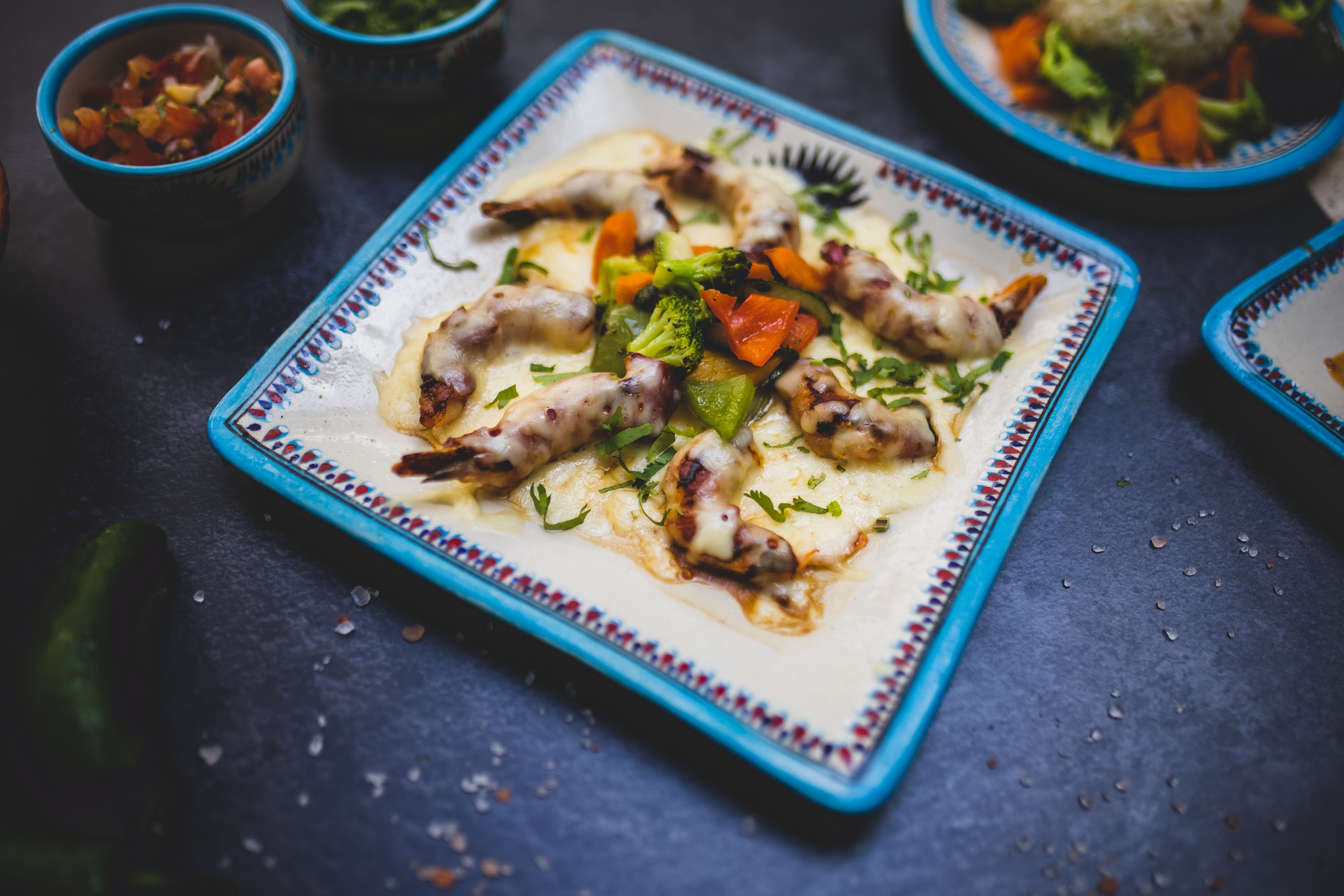 Grilled Shrimp with Vegetables on Decorative Plate