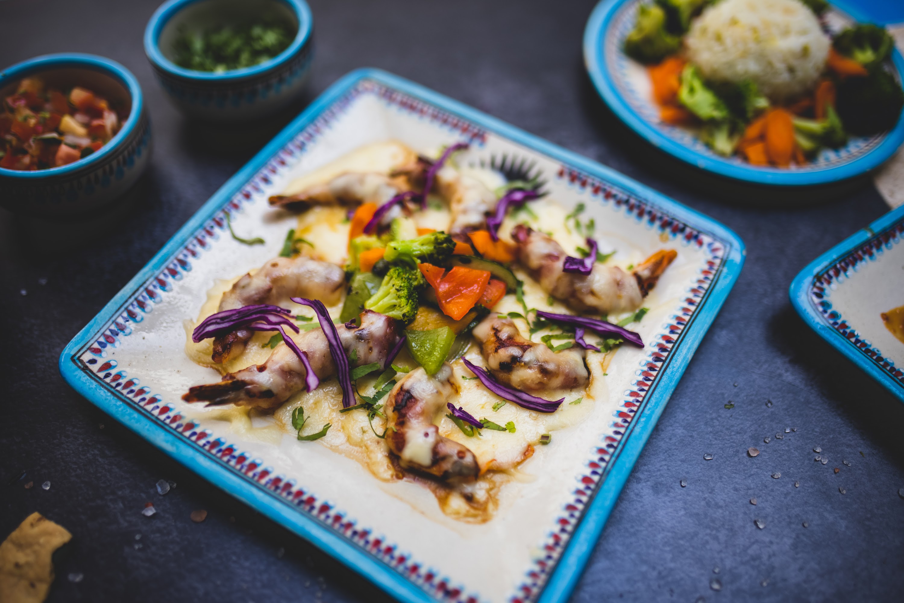 Grilled Shrimp with Vegetables on Decorative Plate