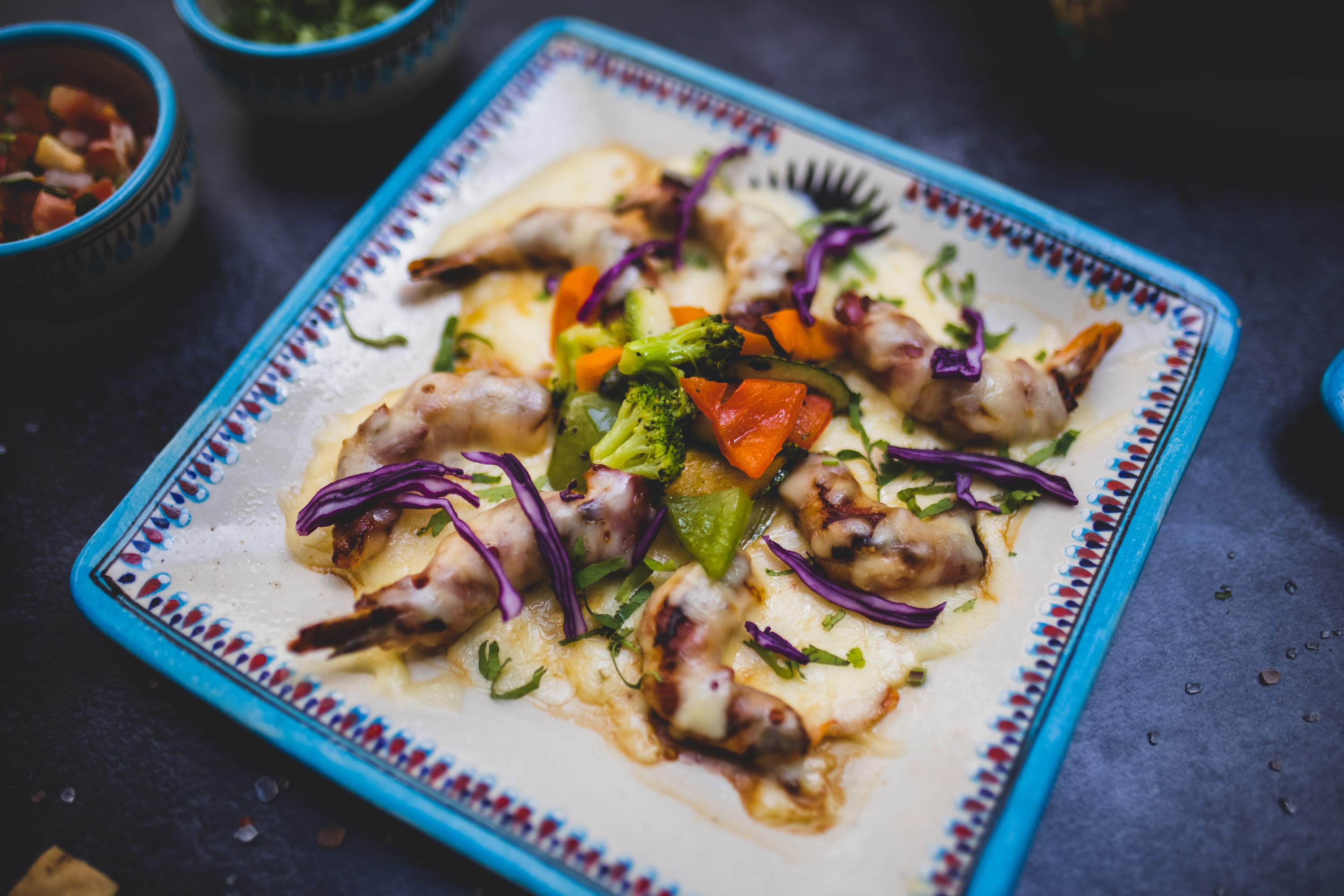 Grilled Shrimp with Vegetables on Decorative Plate