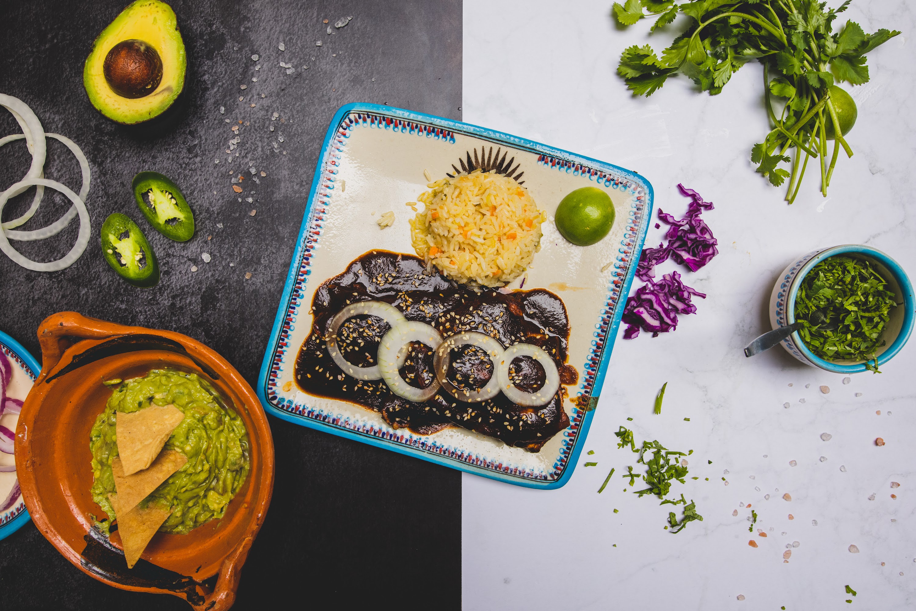 Mole Poblano with Guacamole and Fresh Garnishes