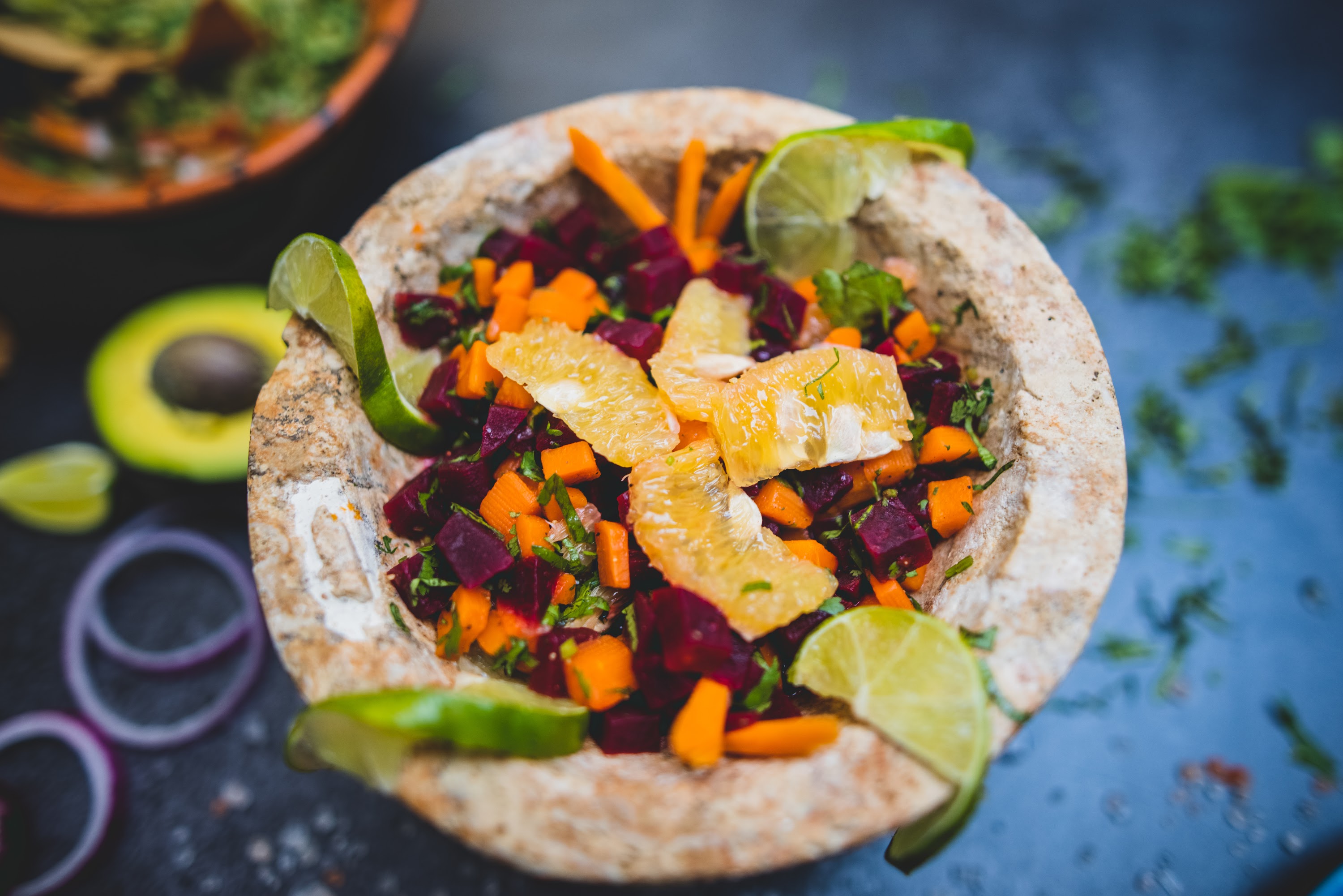 Beet and Citrus Salad in Stone Bowl