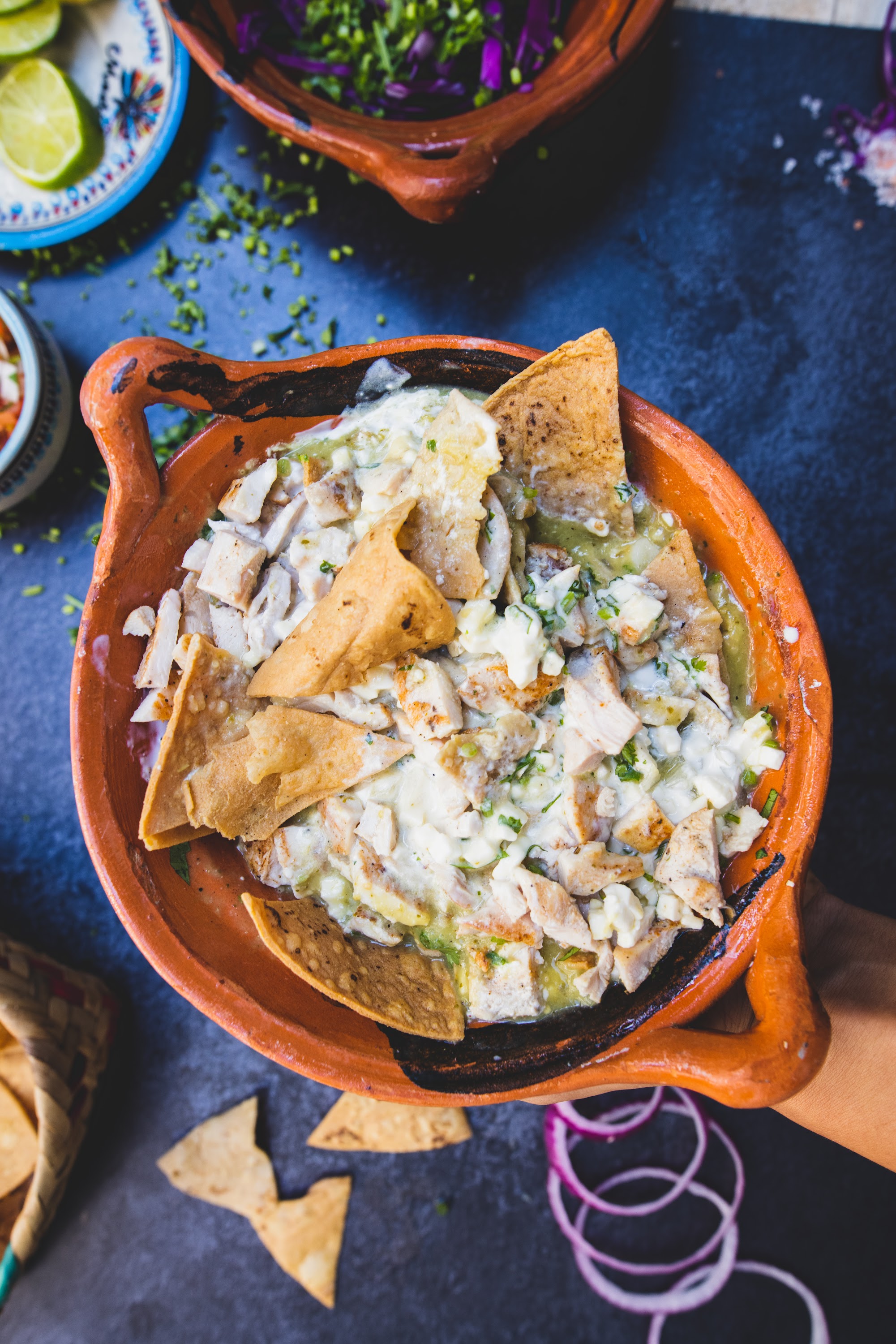 Mexican Chicken Chilaquiles in Clay Bowl