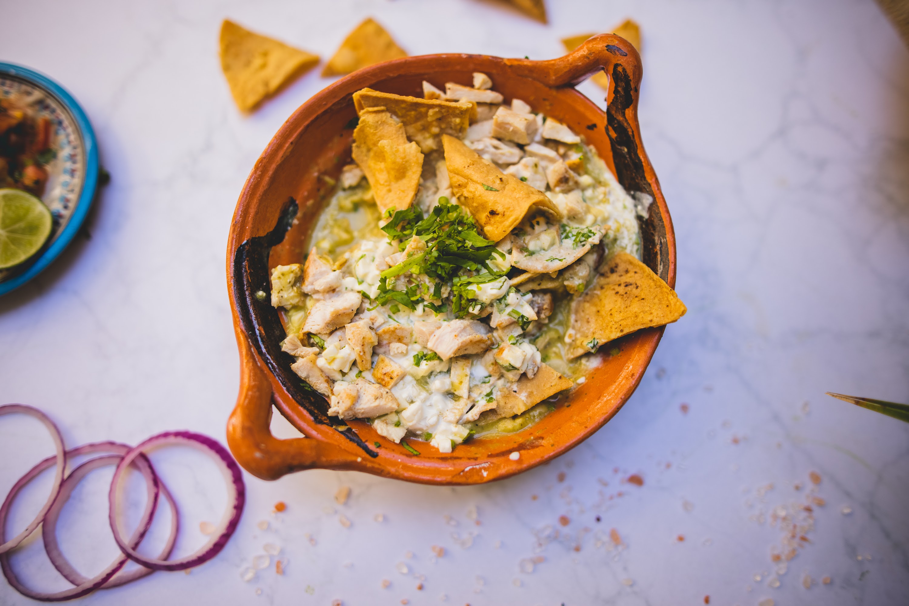 Chicken Ceviche in Clay Bowl with Tortilla Chips