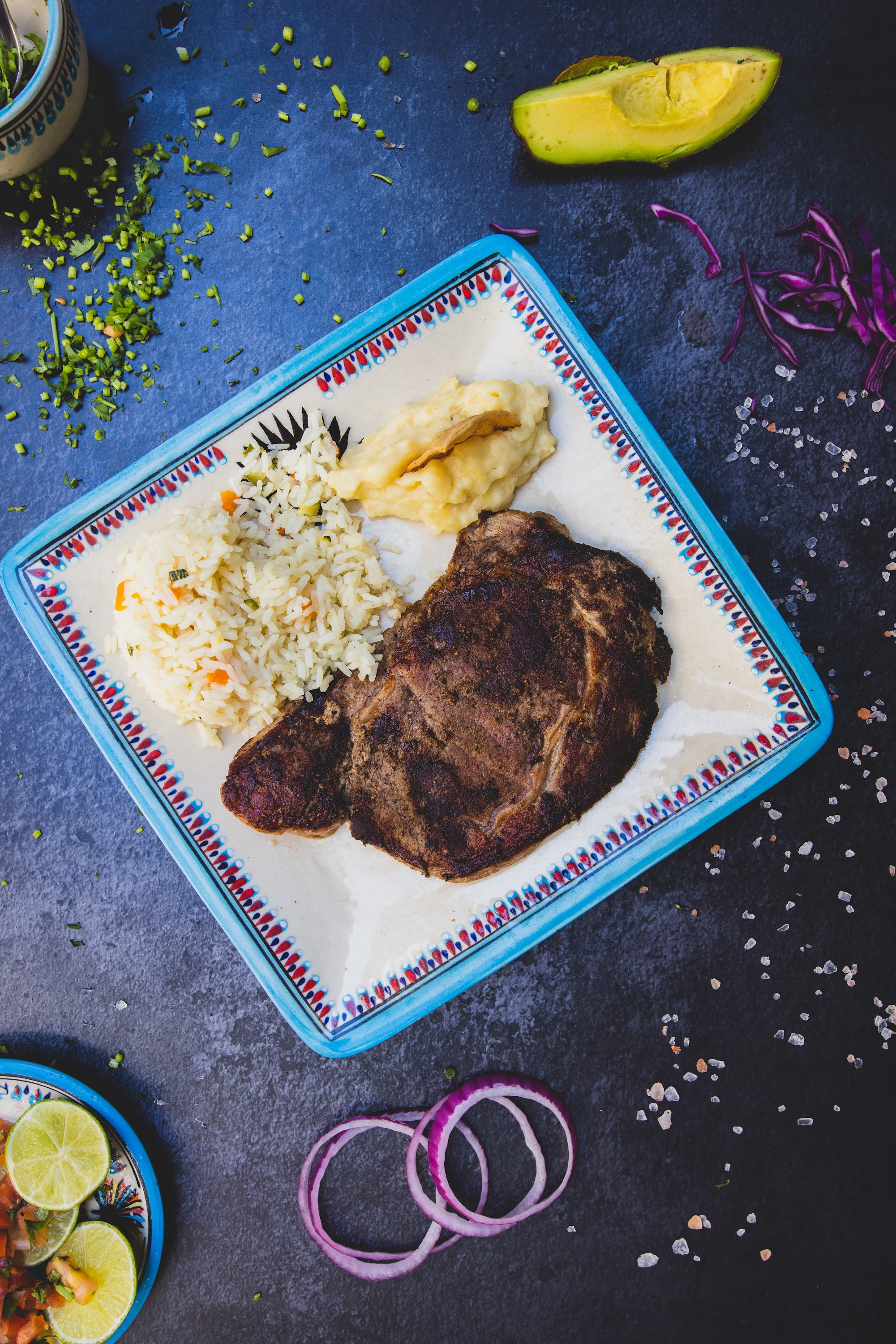 Grilled Steak with Rice and Mashed Potatoes