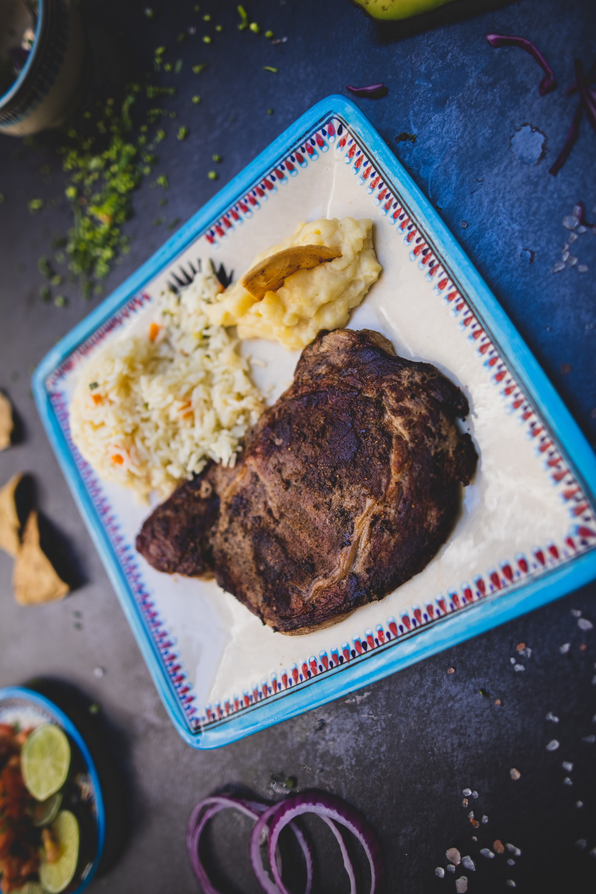 Grilled Steak with Rice and Mashed Potatoes