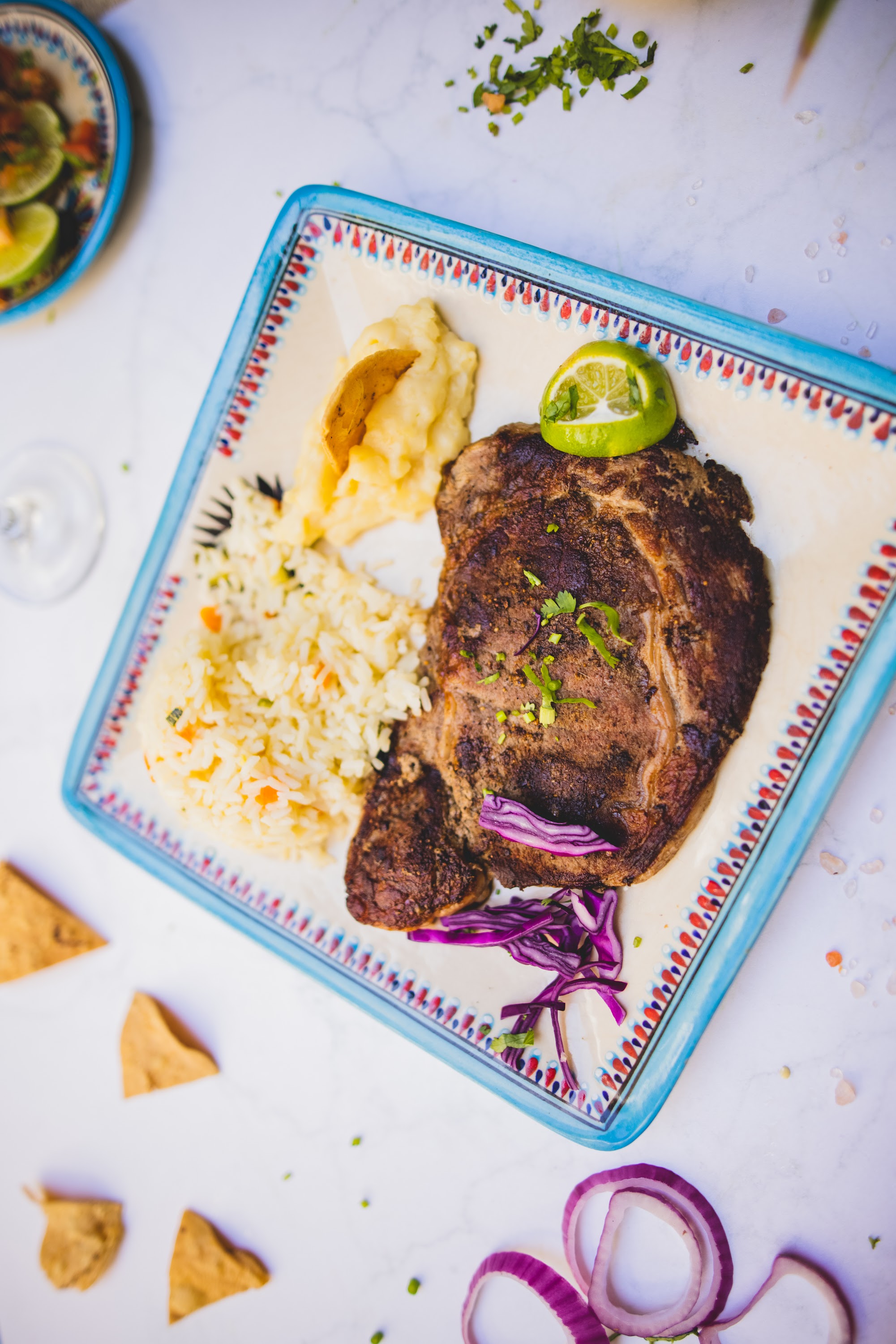 Grilled Steak with Rice and Mashed Potatoes
