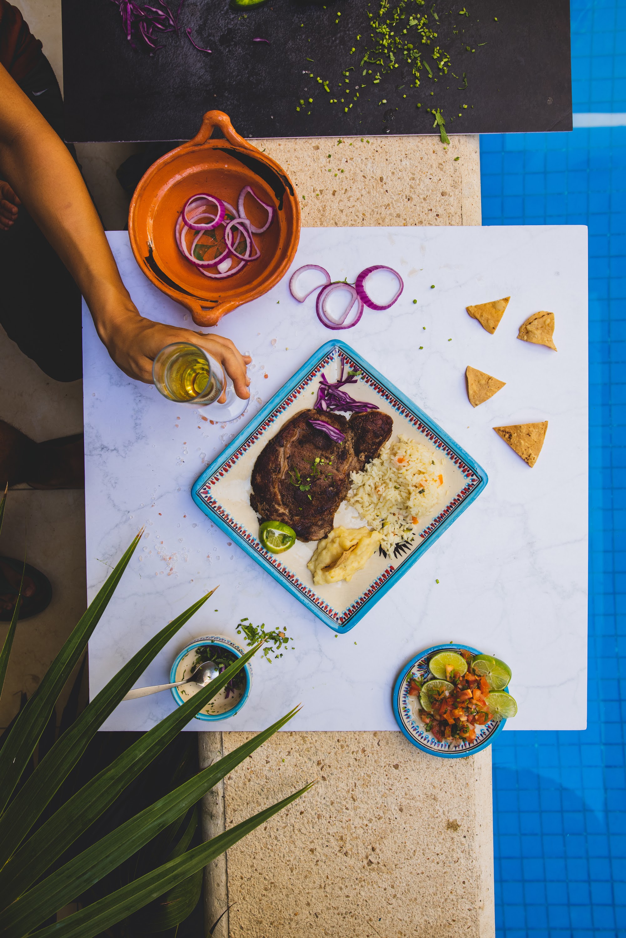 Poolside Mexican Meal with Steak and Rice