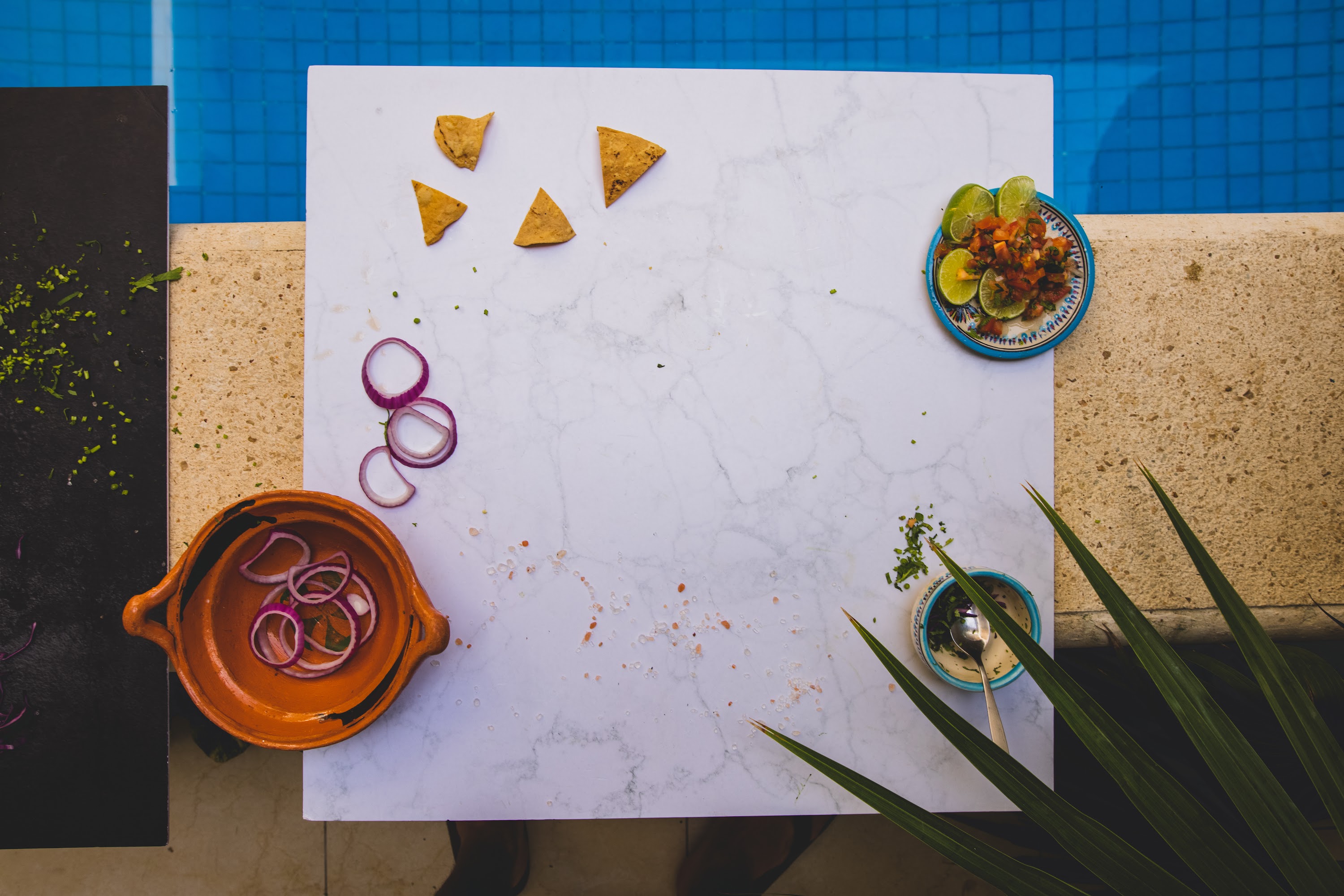 Top-down view of taco ingredients and garnishes by poolside