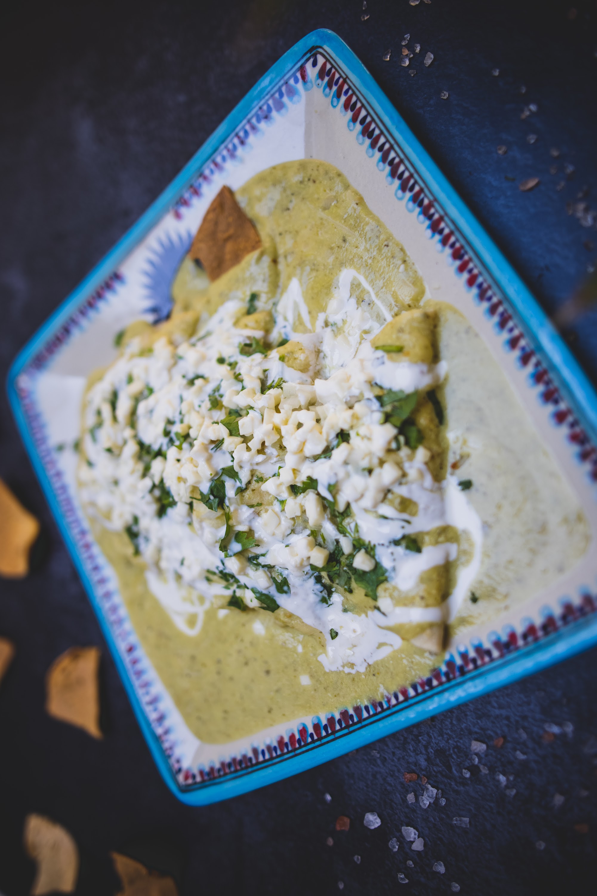 Green Enchiladas with Queso Fresco and Cream