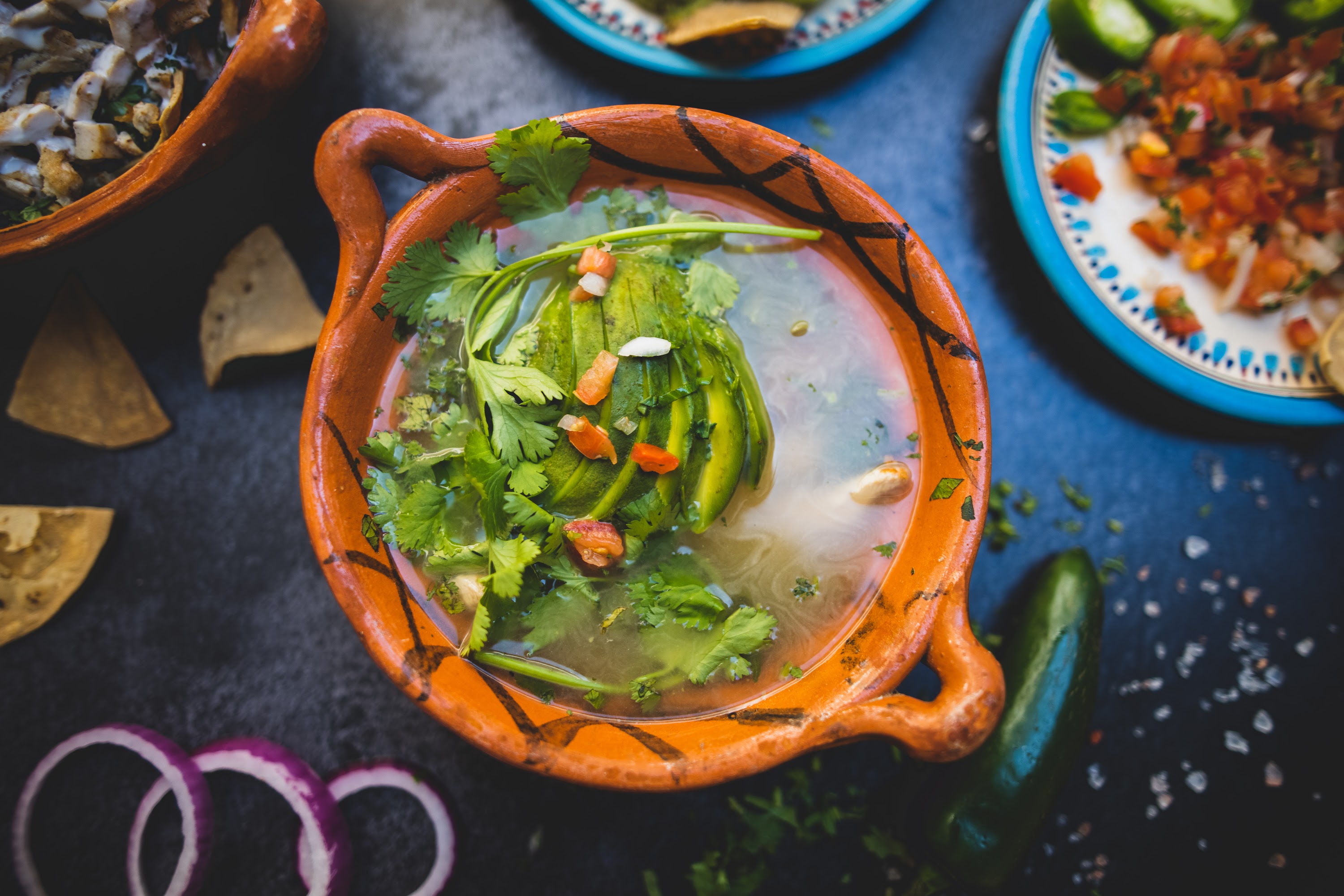 Mexican Avocado Soup with Fresh Herbs and Garnishes