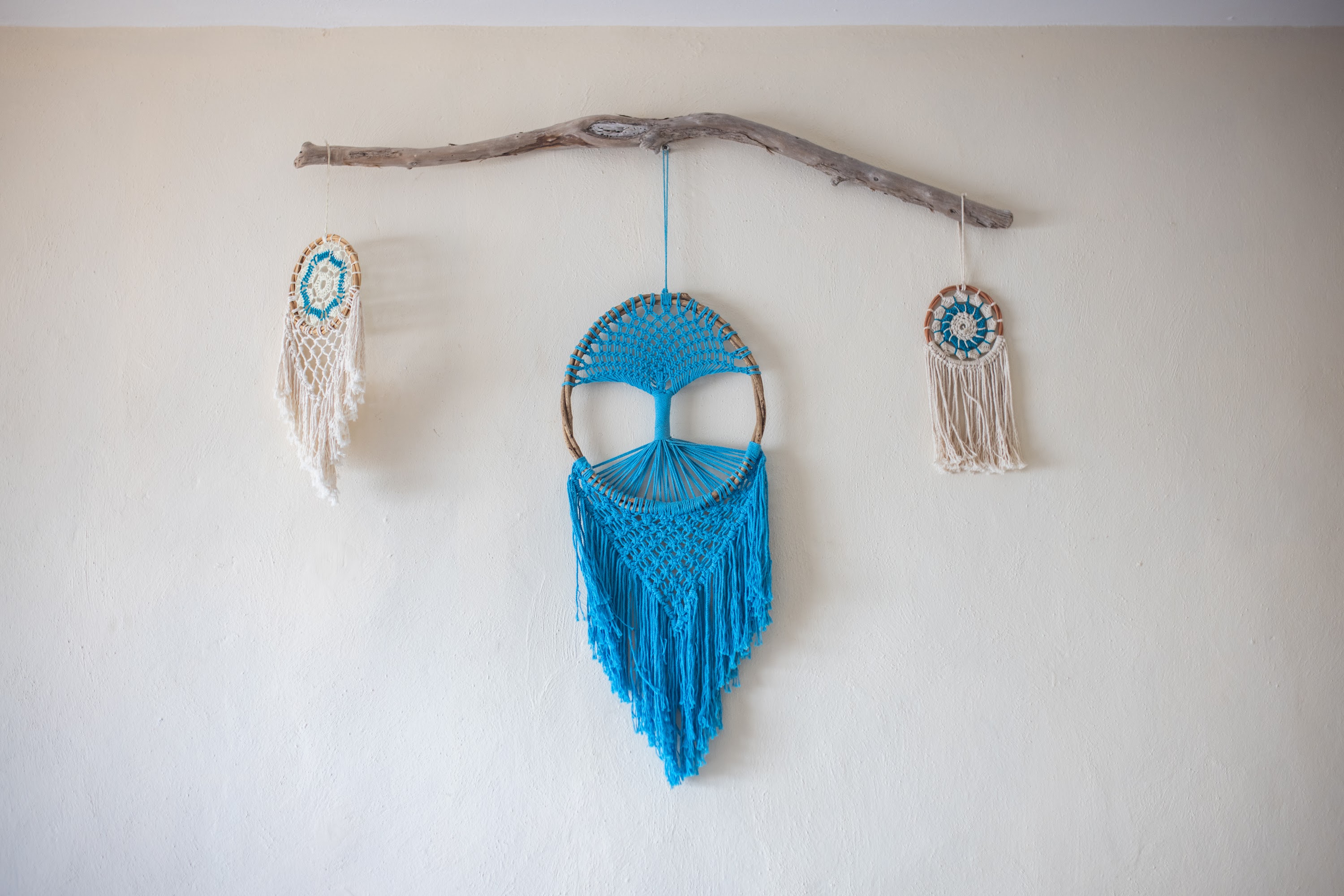 Blue Macrame Dreamcatcher with Driftwood Display