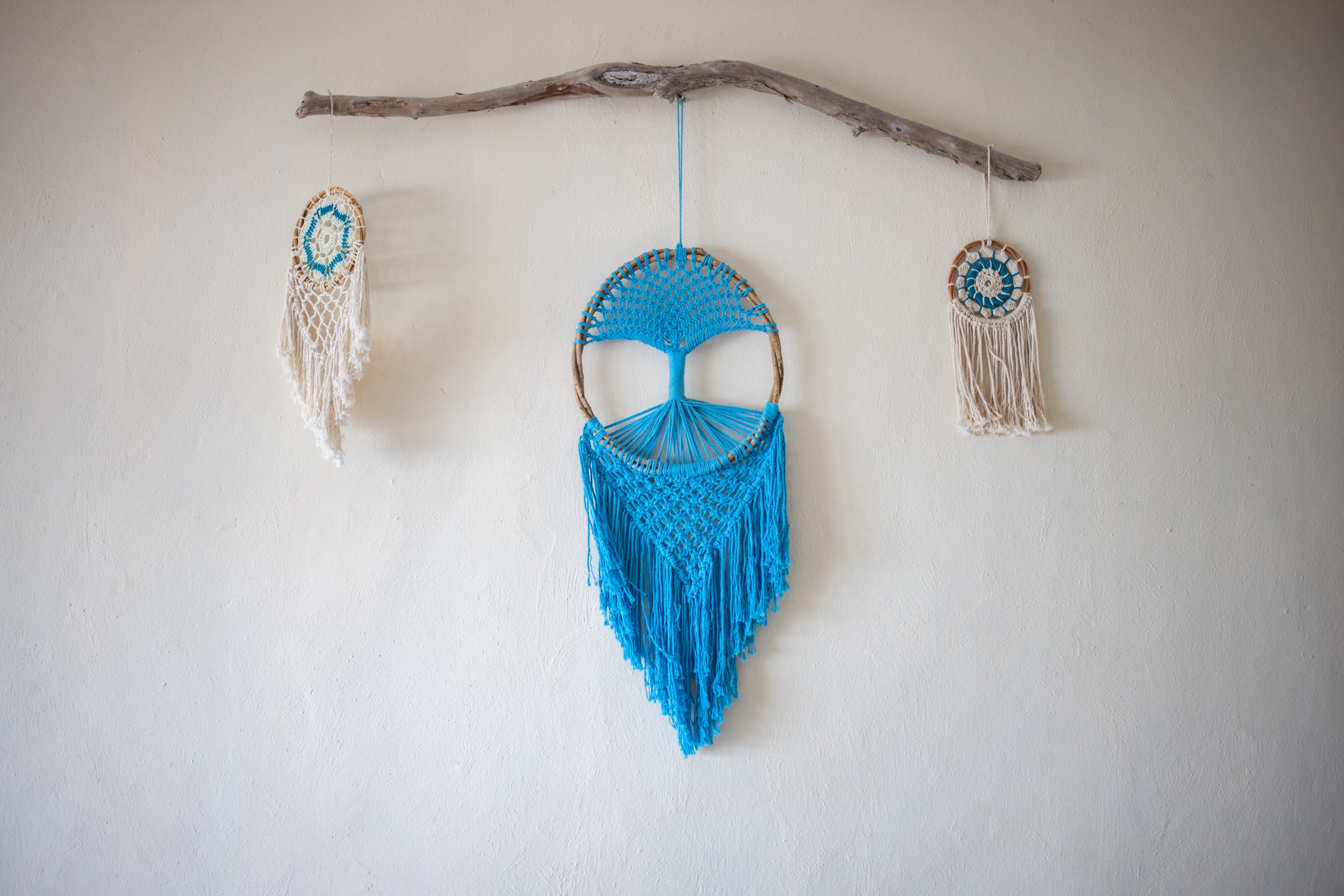 Blue Macrame Dreamcatcher with Driftwood Display