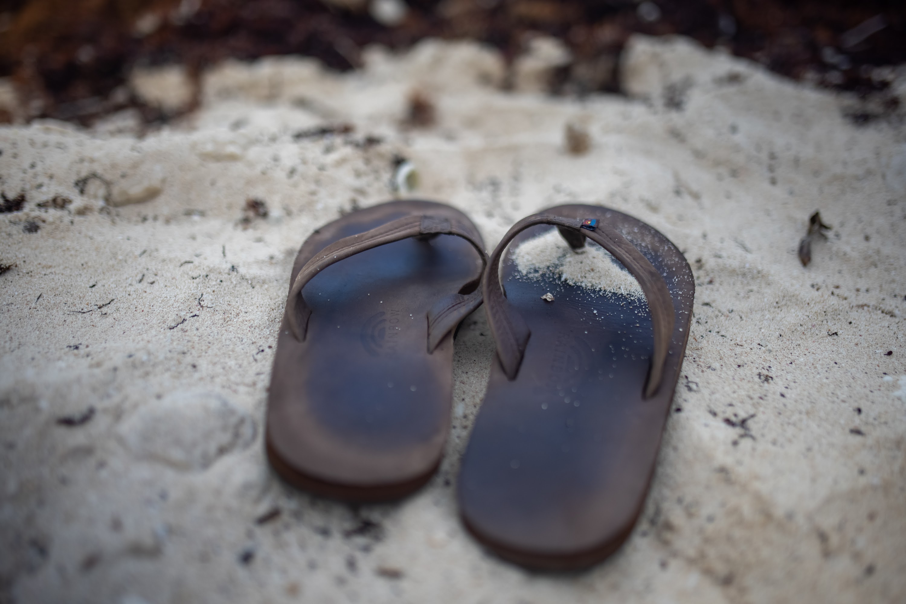 Brown Flip-Flops on Sandy Beach