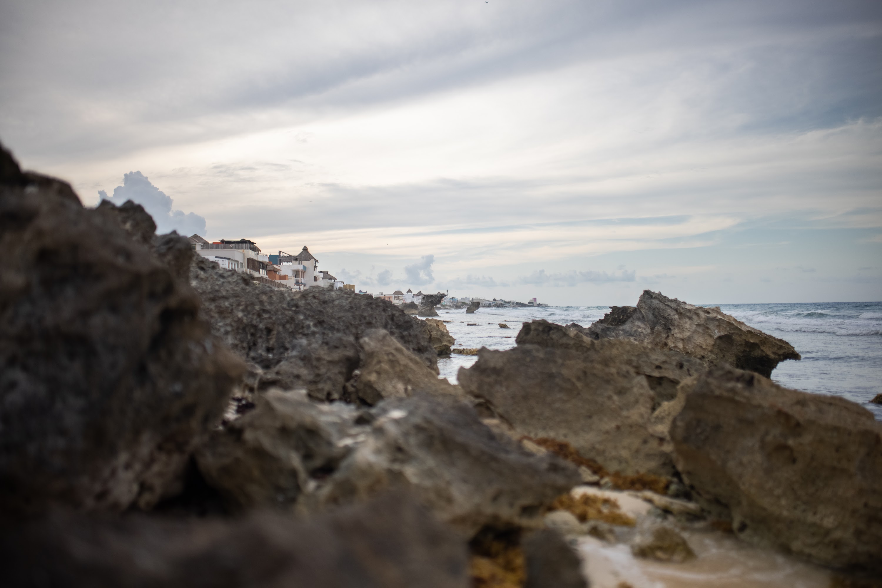 Rocks and Ocean Shoreline with Coastal Buildings