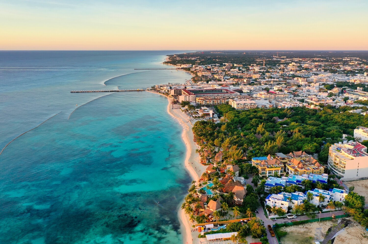 Aerial View of Cancun Beachfront at Sunset