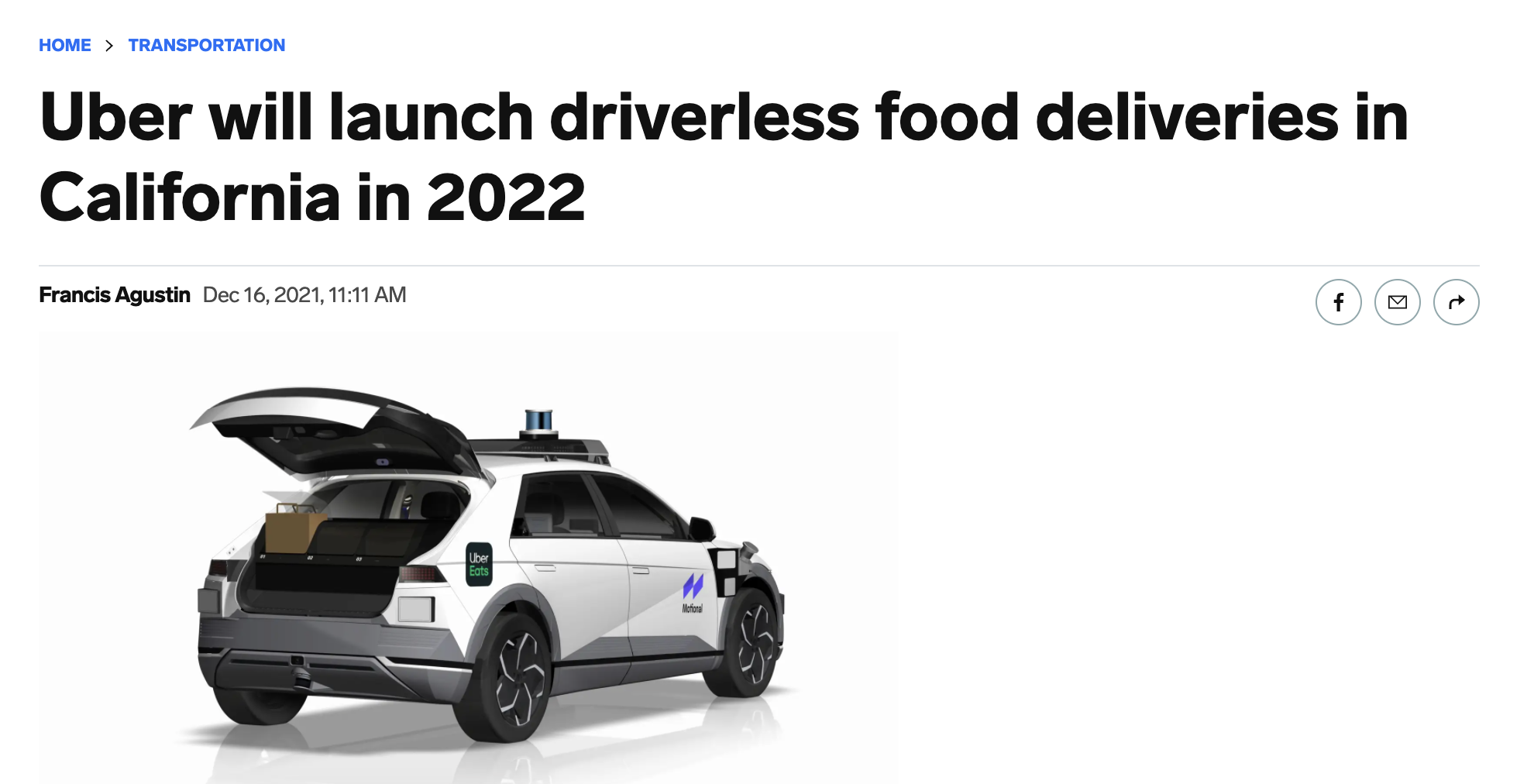 Motional Autonomous Delivery Vehicle – Uber Eats Partnership News Screenshot