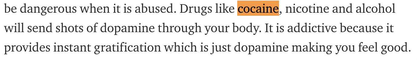 Text Highlighting 'cocaine' in a Passage About Drug Abuse