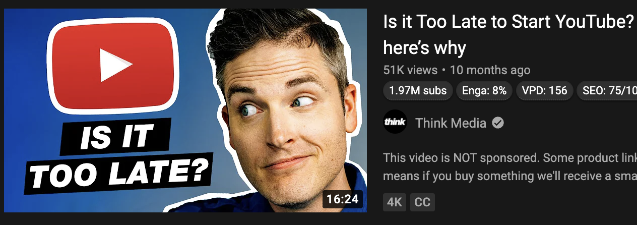 YouTube Thumbnail — "Too Late to Start?" Creator Holding DSLR Camera