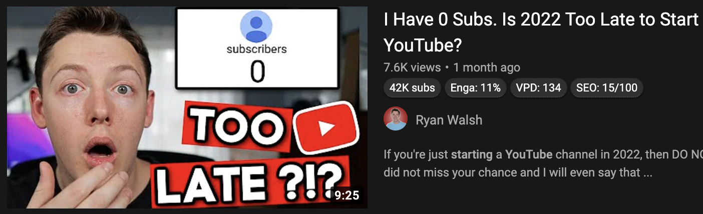 YouTube Thumbnail — "Too Late to Start?" Creator Holding DSLR Camera