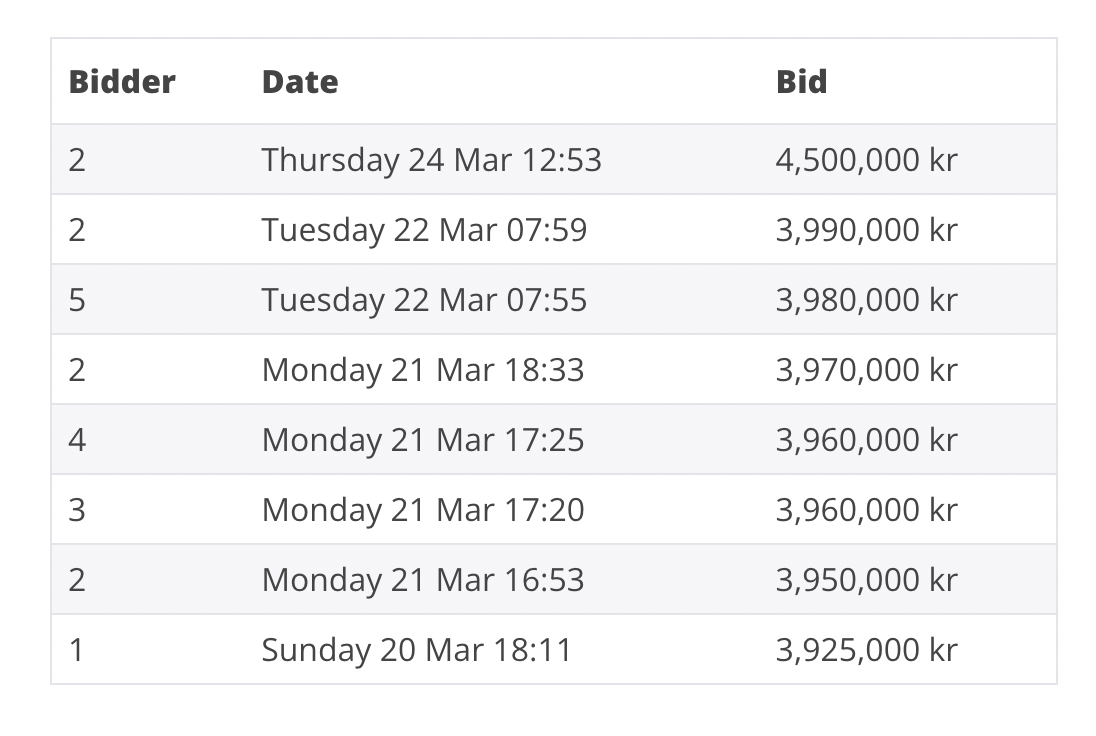 Auction Bid History Table — Norwegian Krone Property Bidding