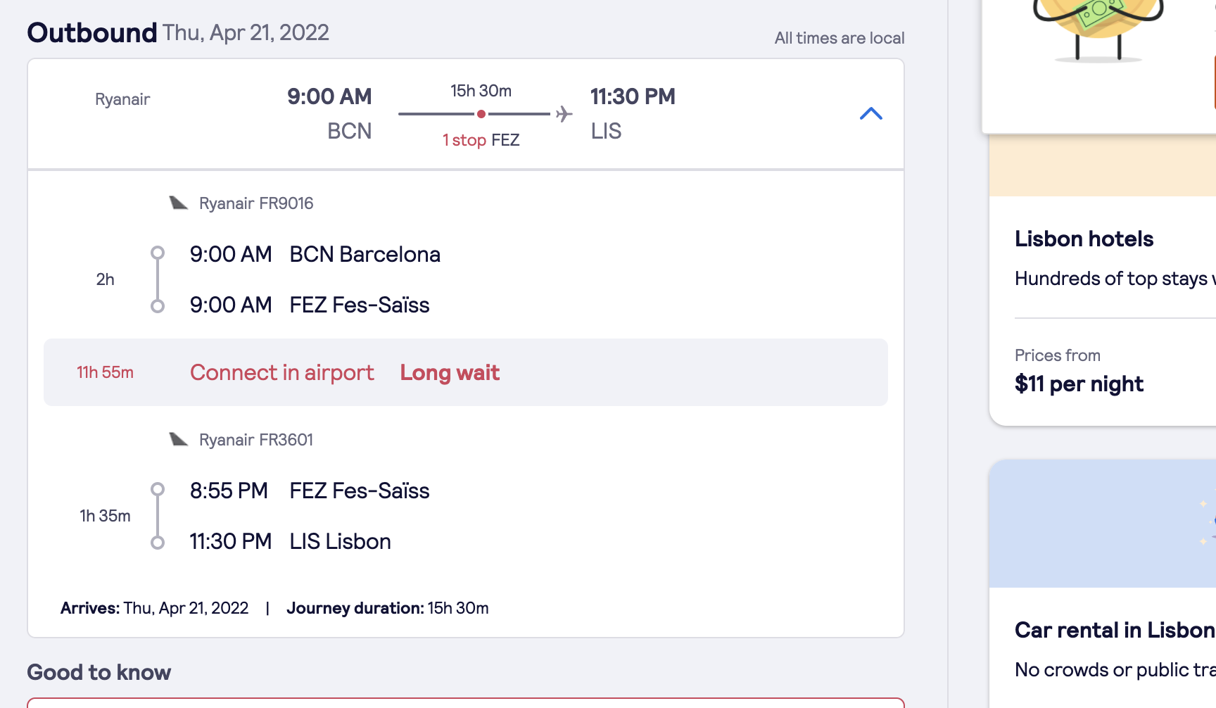 Ryanair Flight Itinerary from Barcelona to Lisbon