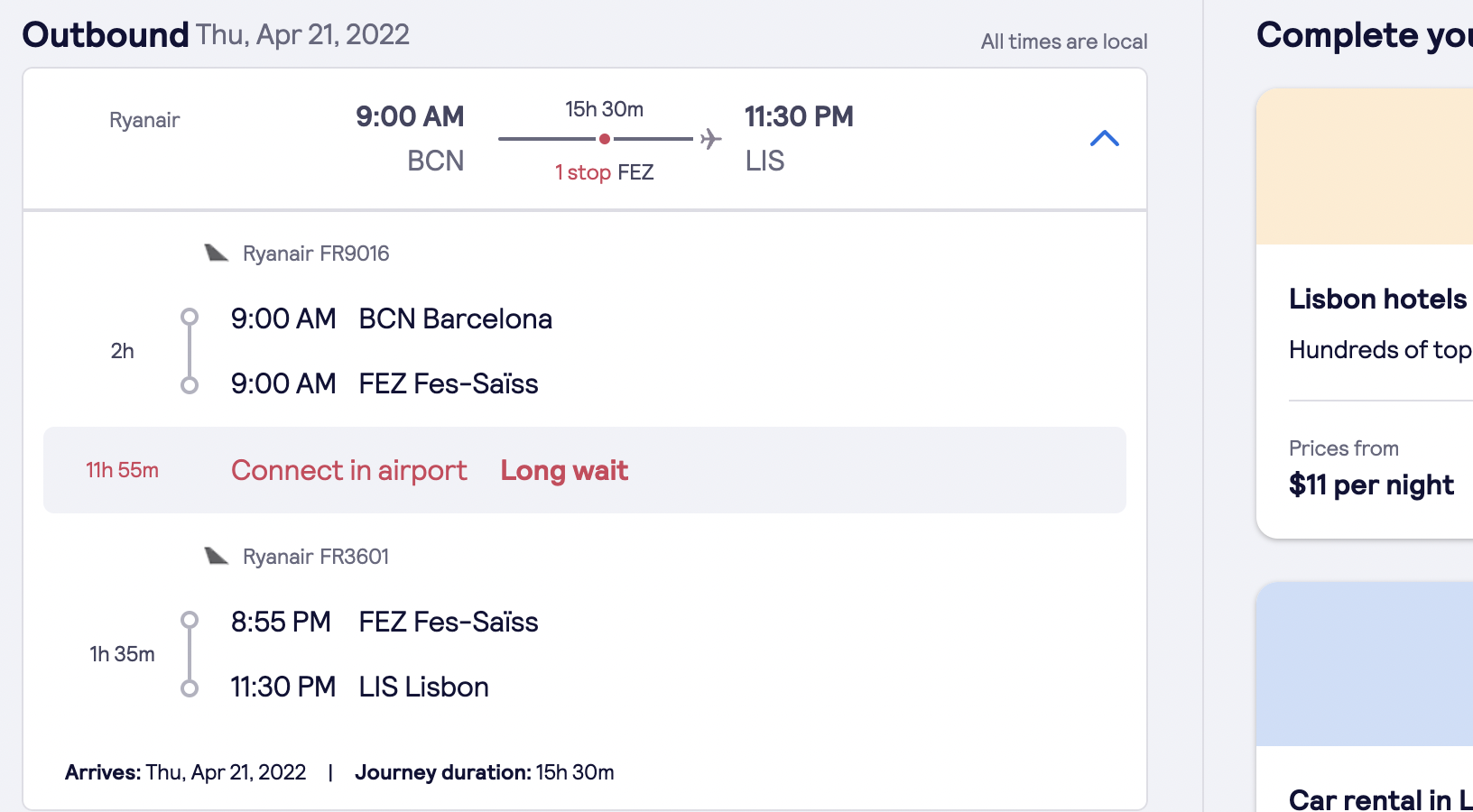 Ryanair Flight Itinerary from Barcelona to Lisbon