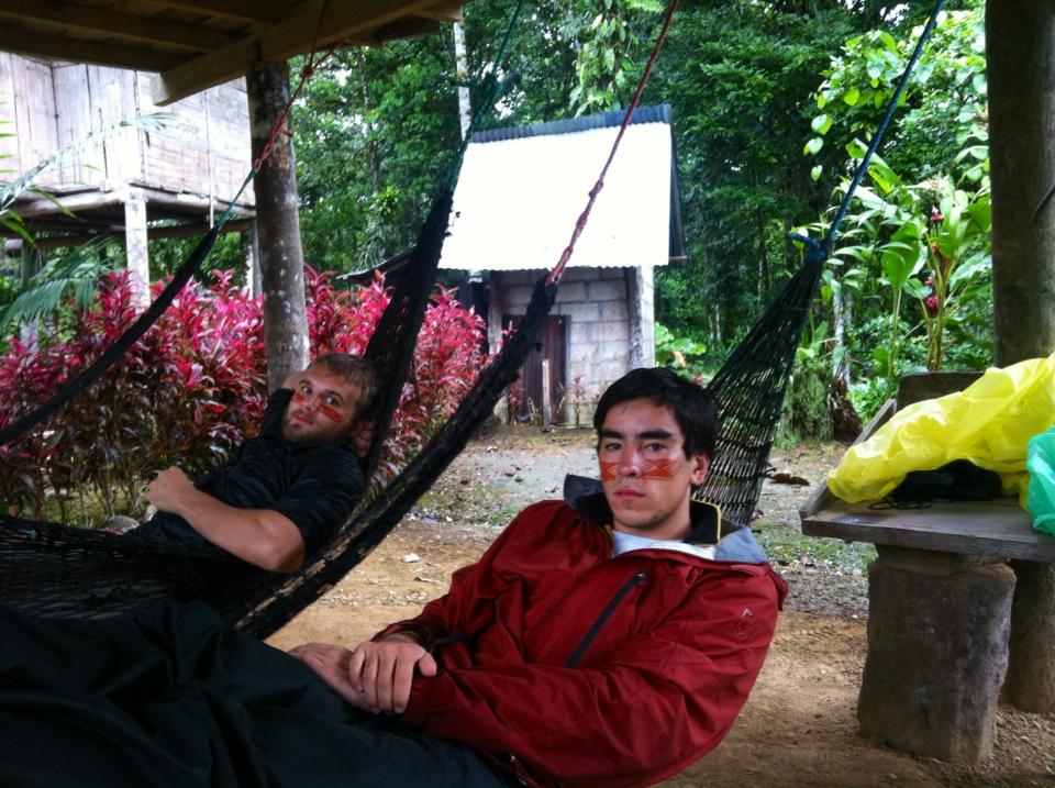 Two Men Relaxing in Hammocks in a Tropical Garden