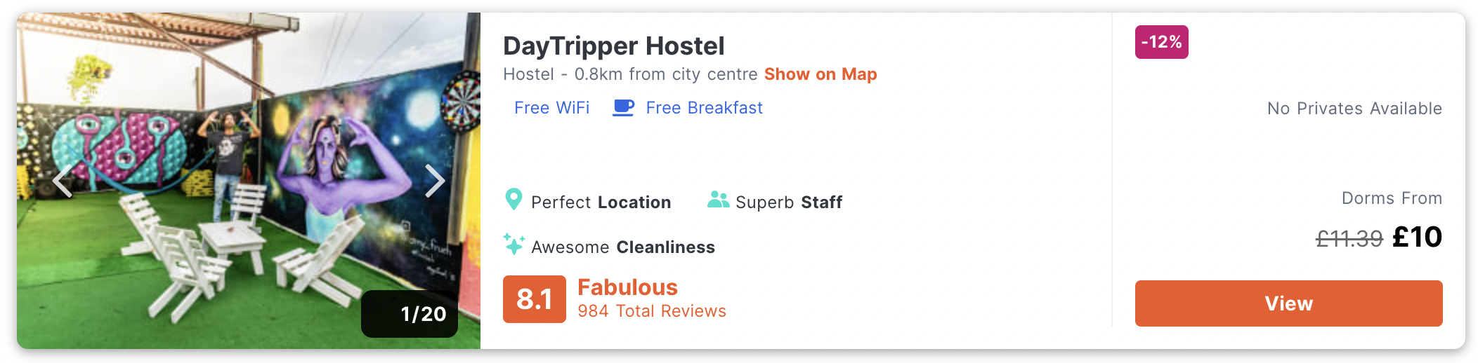 DayTripper Hostel listing card