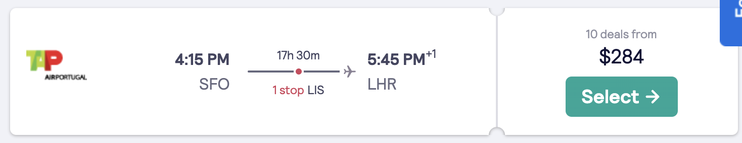 TAP Air Portugal flight ticket snippet