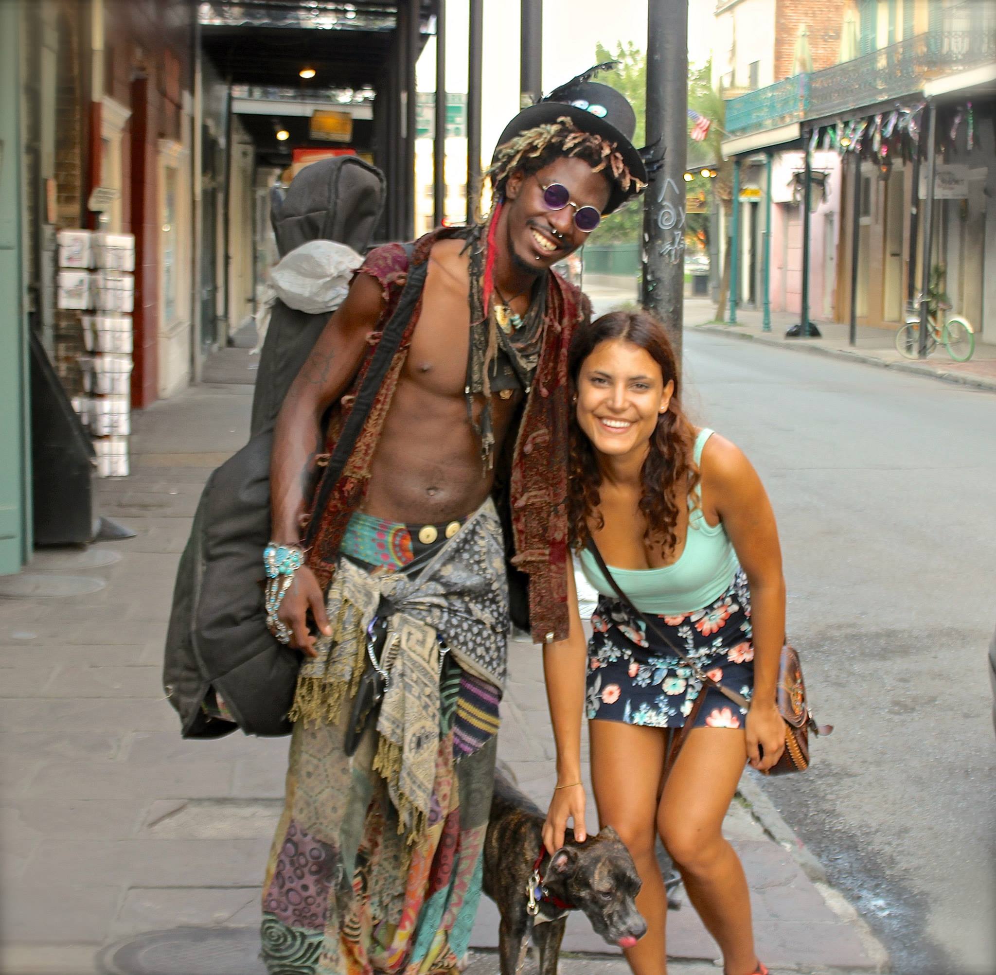 Street Portrait of Two People with Dog in Urban Setting