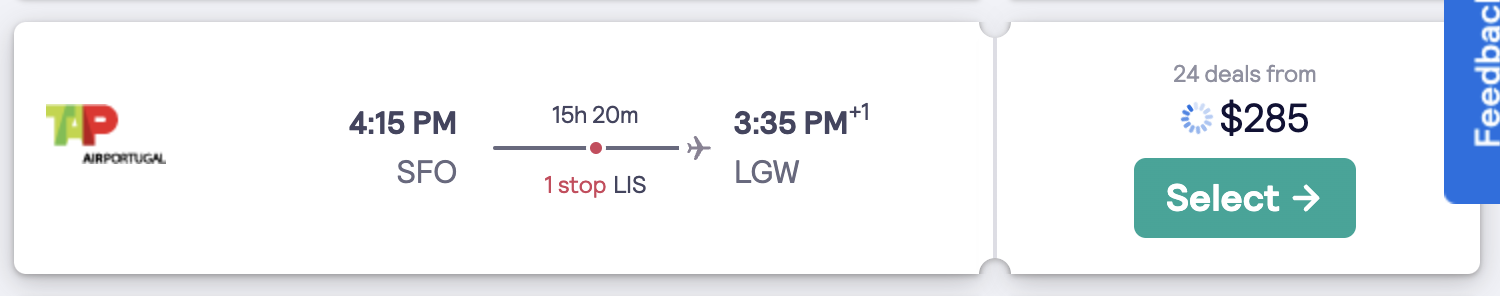 TAP Air Portugal flight ticket display