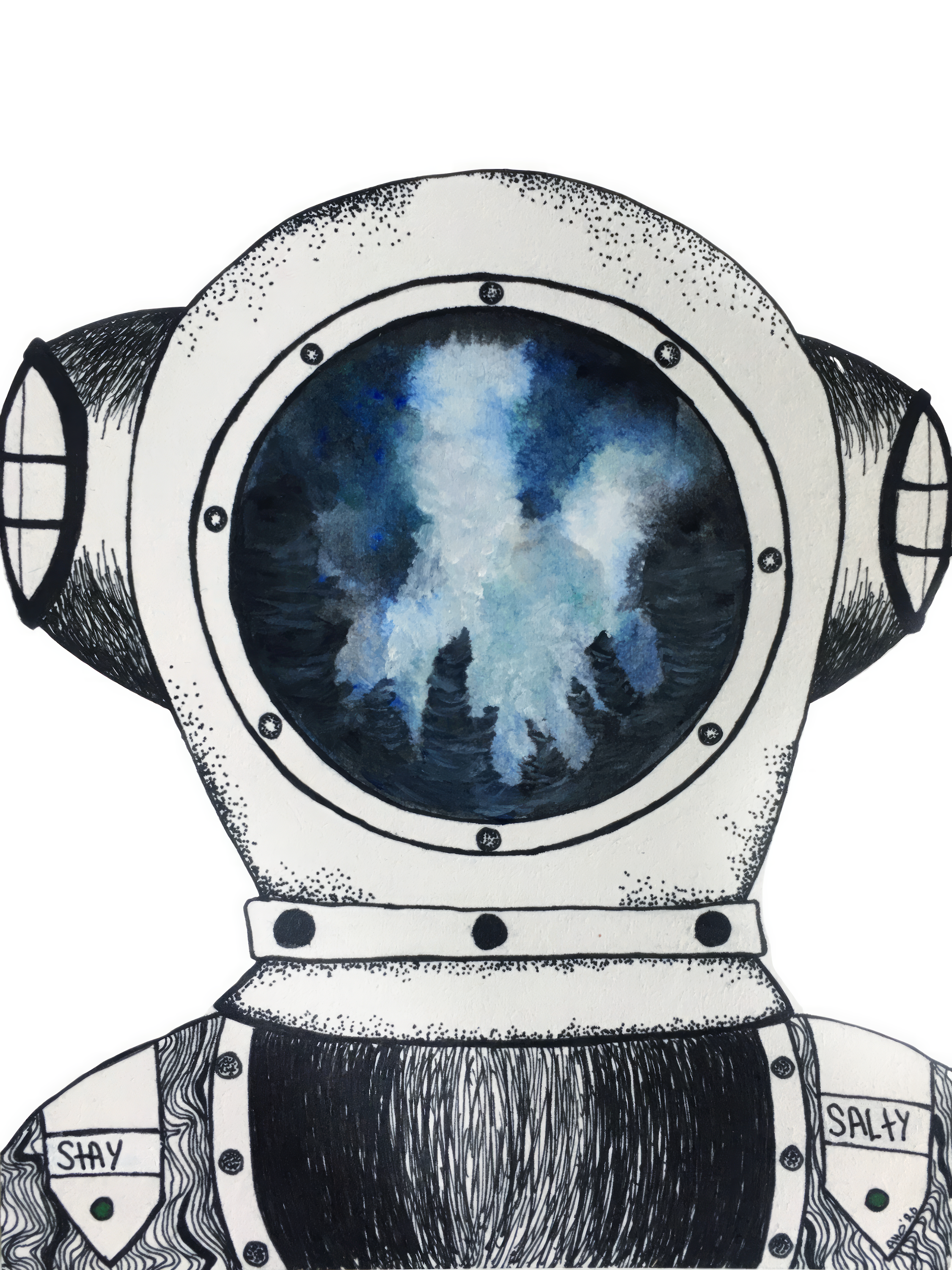 Stay Salty Vintage Deep-Sea Diver Mixed-Media Illustration