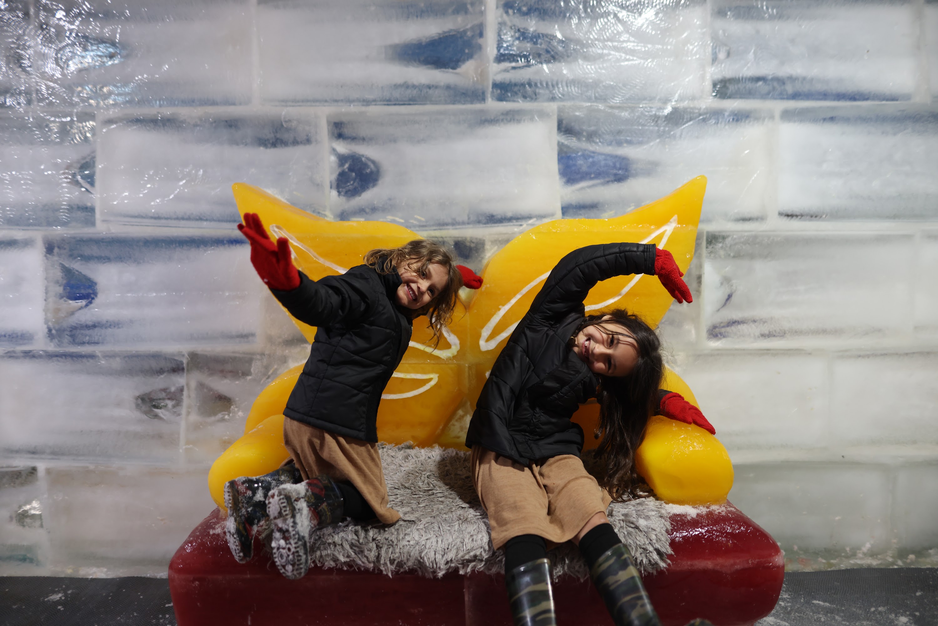 Two Girls Posed on Ice Sculpture with Yellow Wings