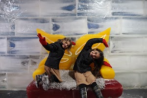 Two Girls Posed on Ice Sculpture with Yellow Wings