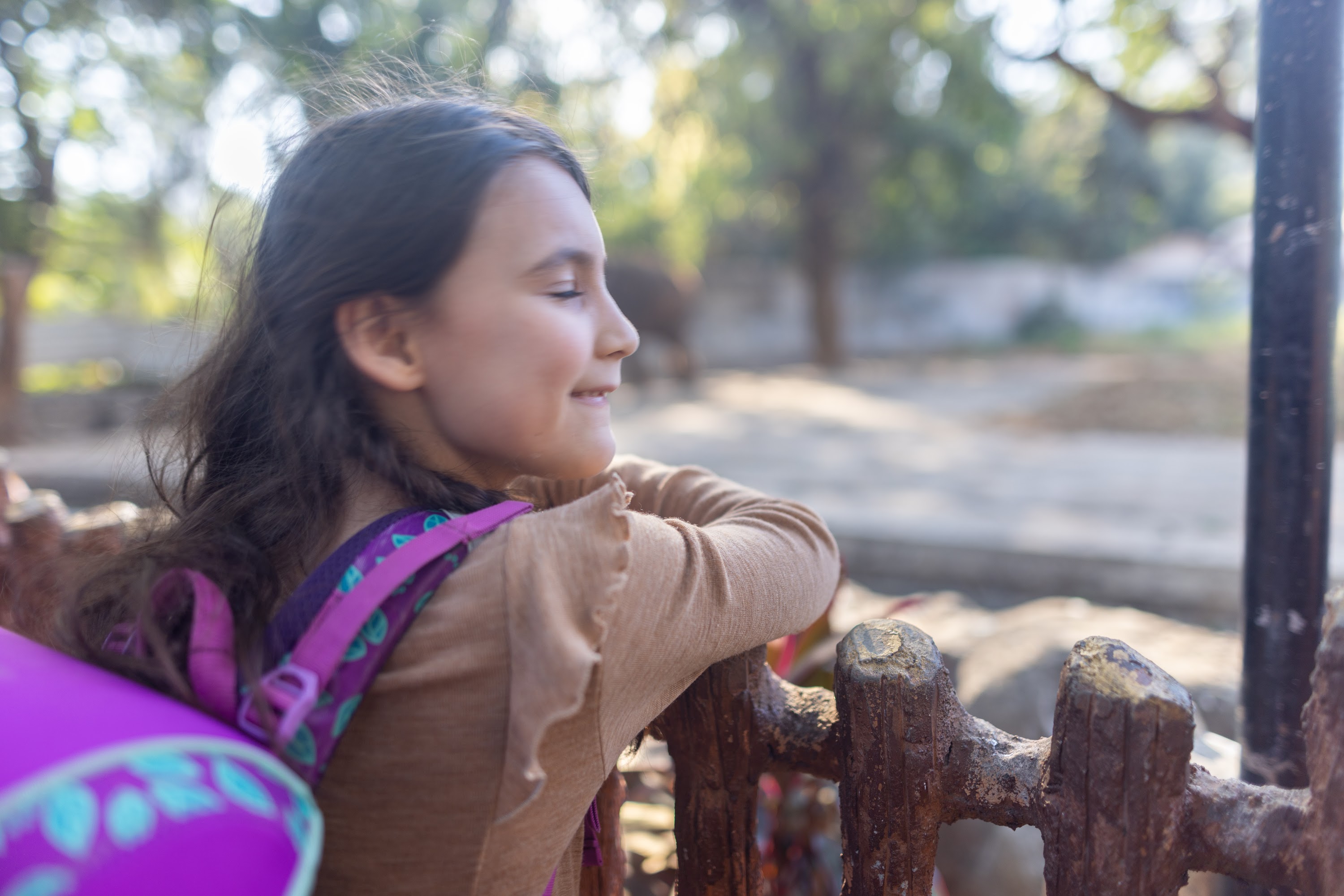 Girl Leaning on Wooden Fence in Sunlit Park