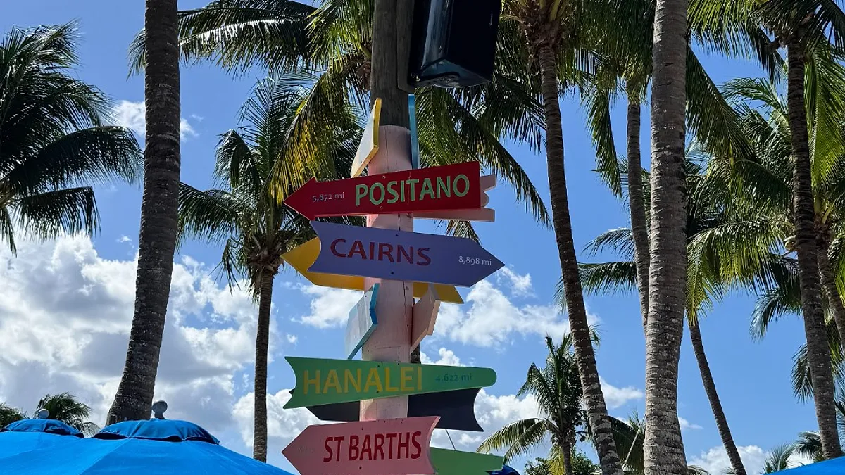 Colorful directional signs at a Cozumel beach resort