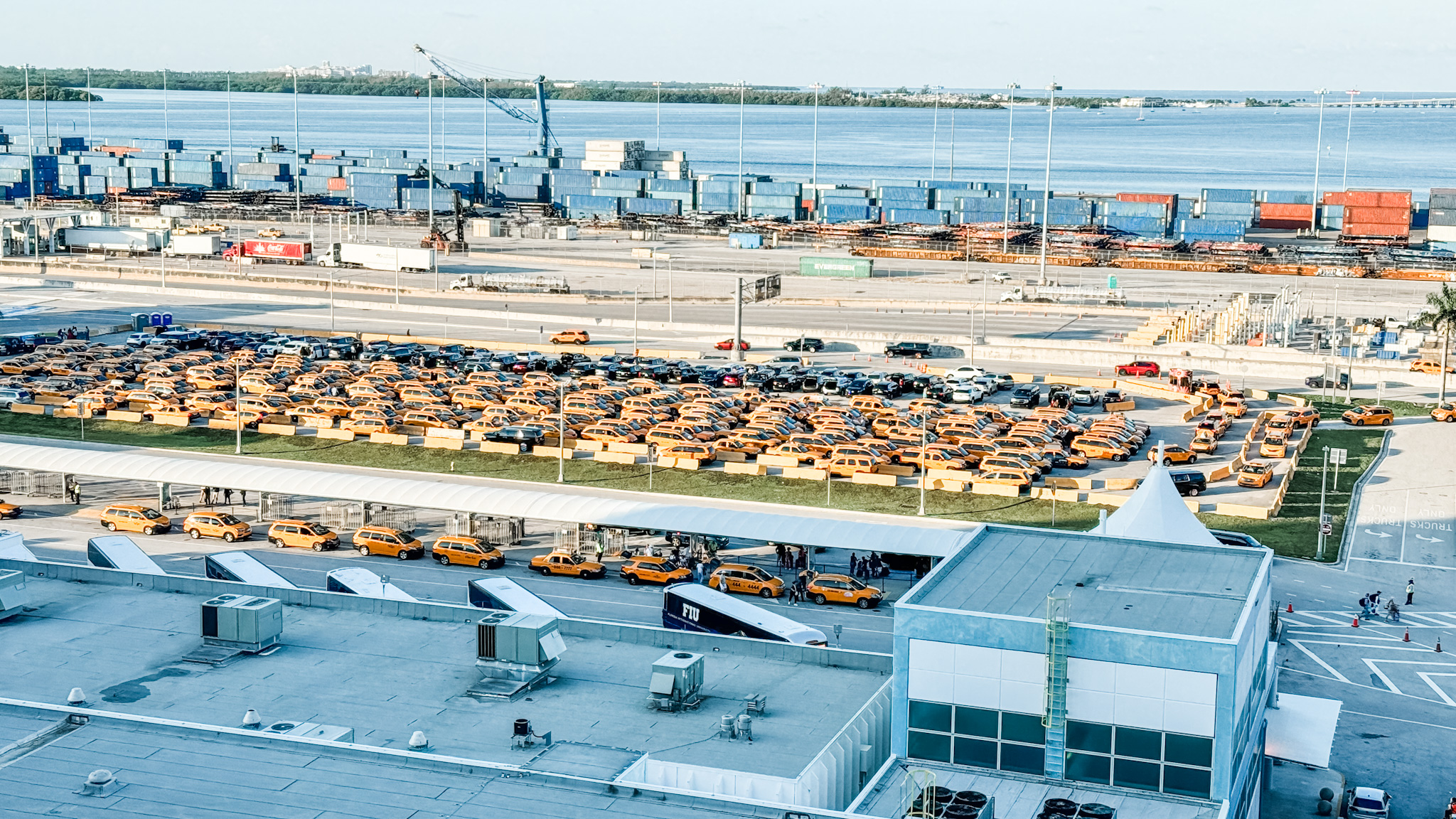 Miami cruise port taxis lined up or parking garage entrance horizontal