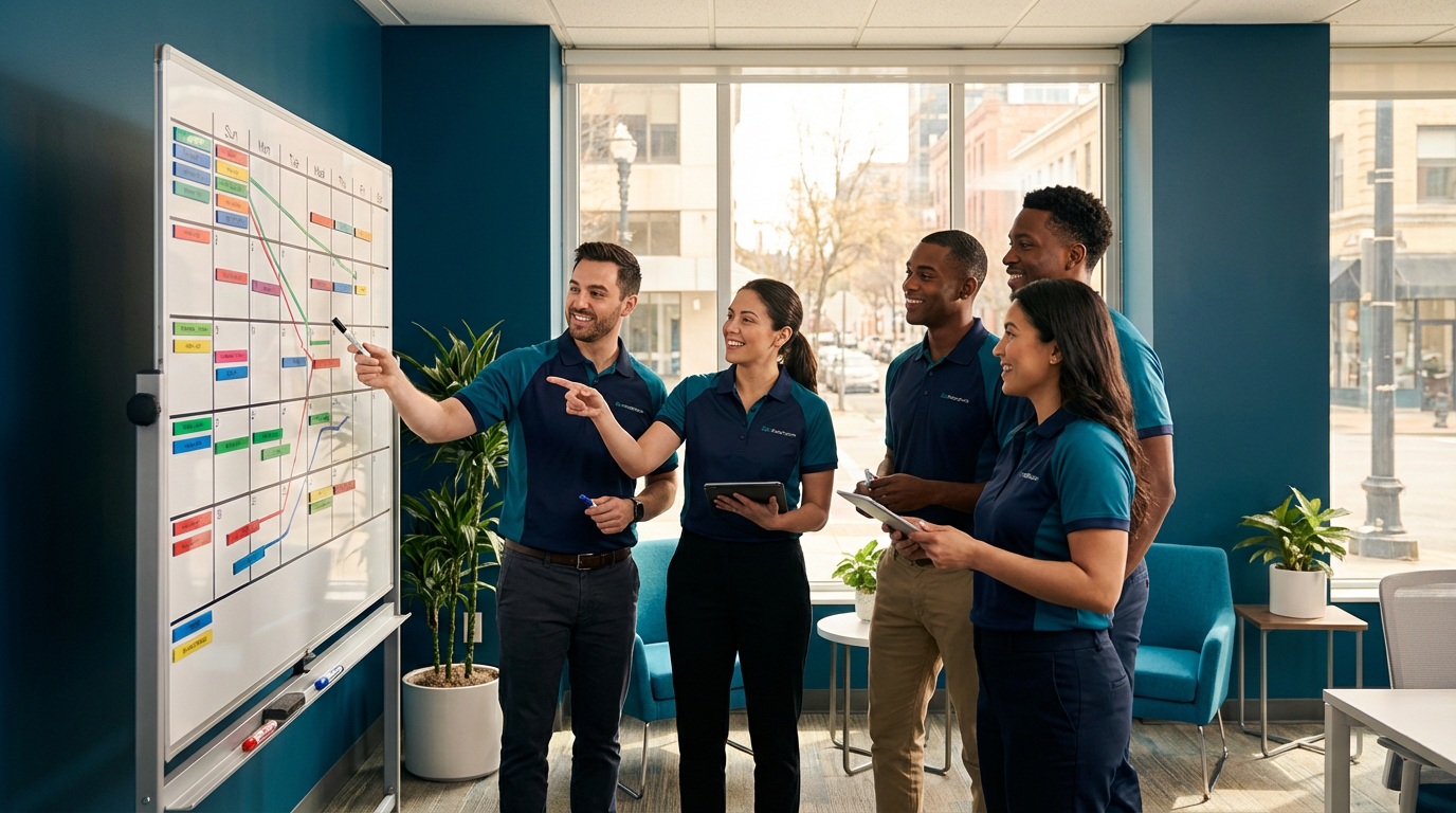 52 Week Schedule: Complete Guide for Cleaning Businesses 2 Cleaning business team coordinating 52 week schedule and routes