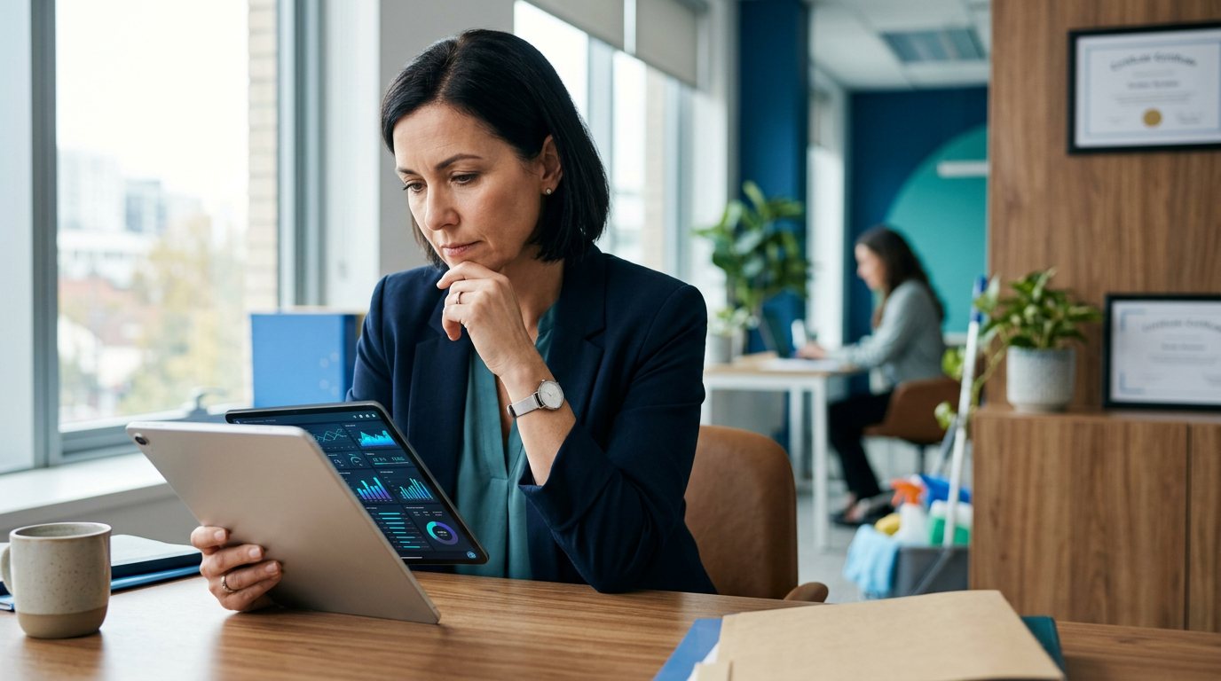 Cleaning business owner analyzing KPI data and metrics on tablet