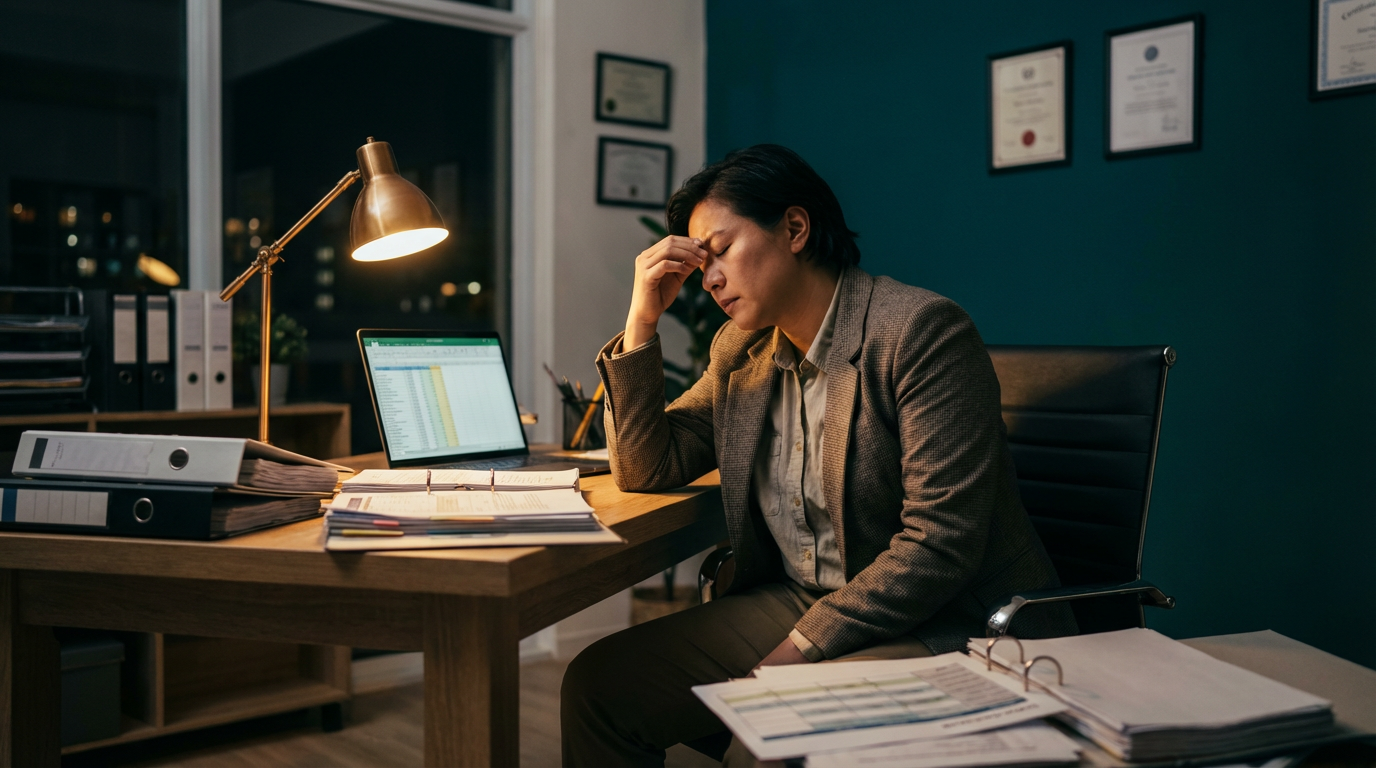 Why Cleaning Businesses Hit a $200K–$400K Revenue Ceiling 1 Cleaning business owner struggling with revenue ceiling at desk late evening
