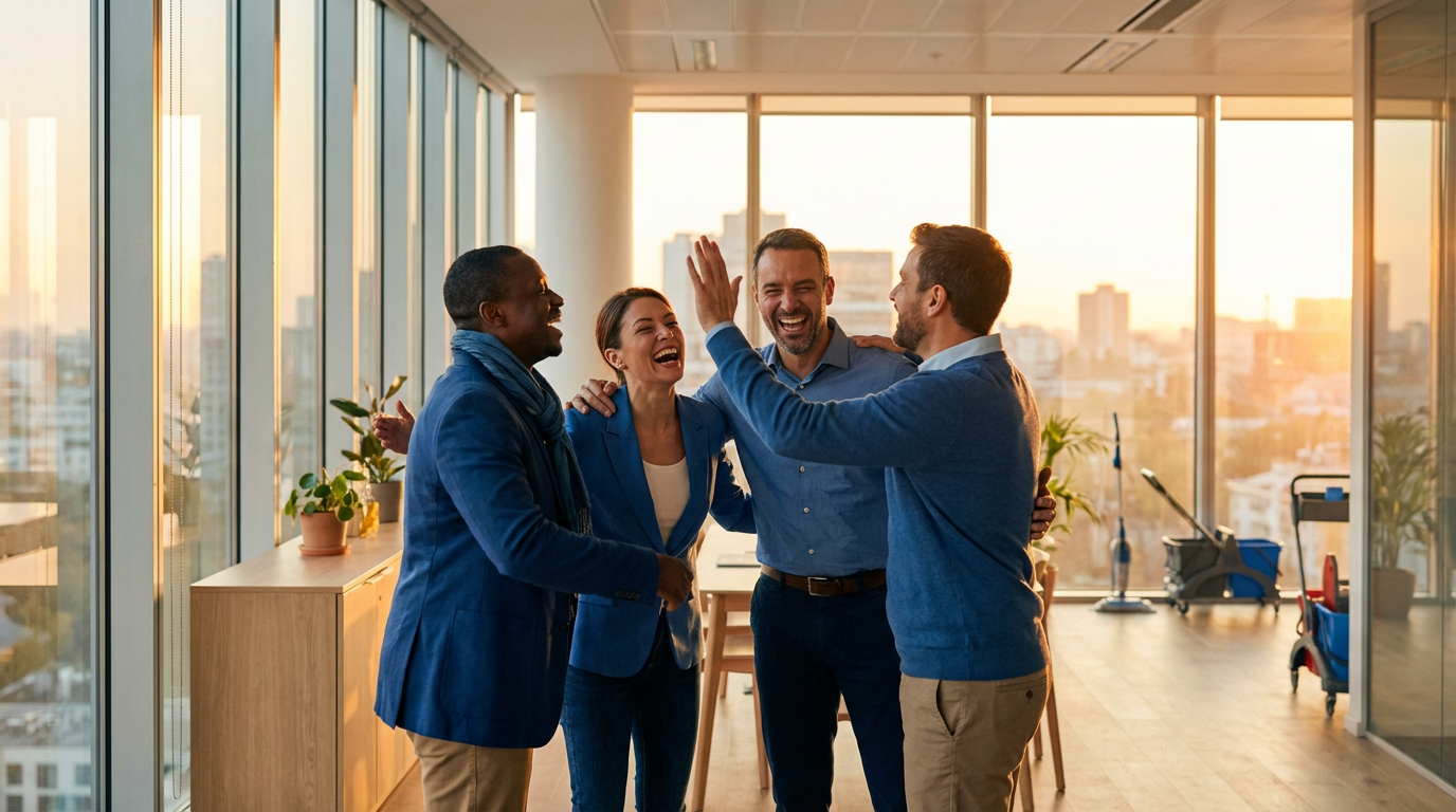 Why Cleaning Businesses Hit a $200K–$400K Revenue Ceiling 3 Cleaning business team celebrating breaking through revenue ceiling together