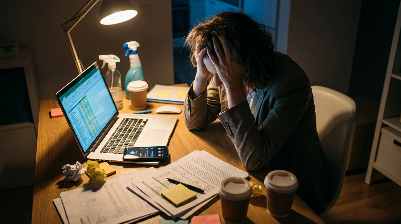 Overwhelmed cleaning business owner working late at night surrounded by paperwork and phone calls