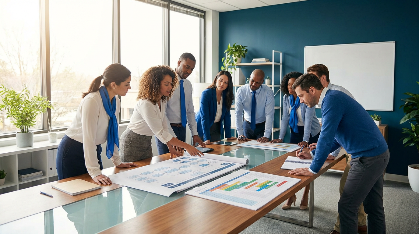 How Do I Stop My Cleaning Business From Running Me — and Start Running It Instead? 4 Cleaning business team reviewing standardized workflows and systems together in productive meeting