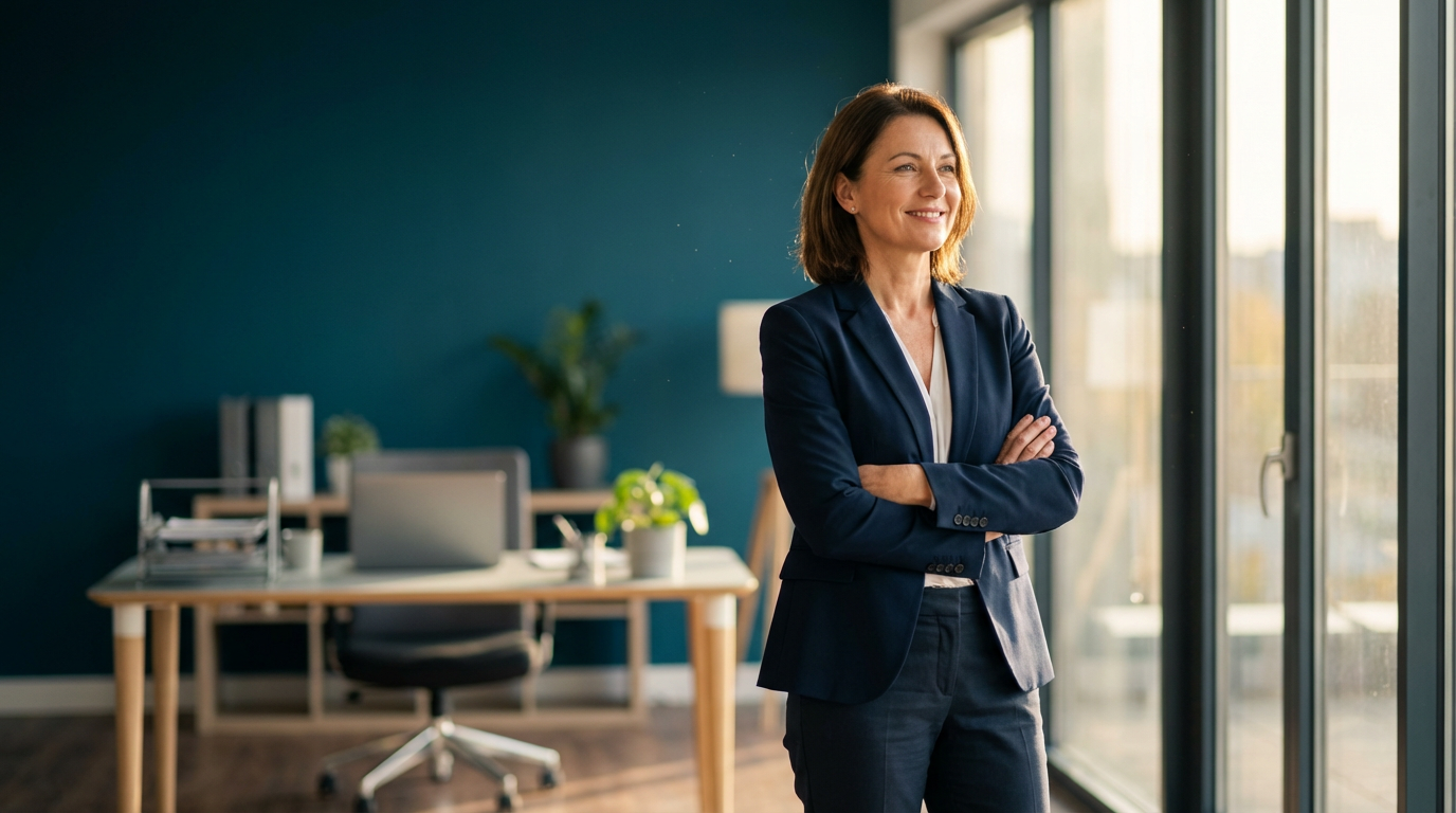 How Do I Stop My Cleaning Business From Running Me — and Start Running It Instead? 2 Confident cleaning business owner standing in modern office with organized systems and control