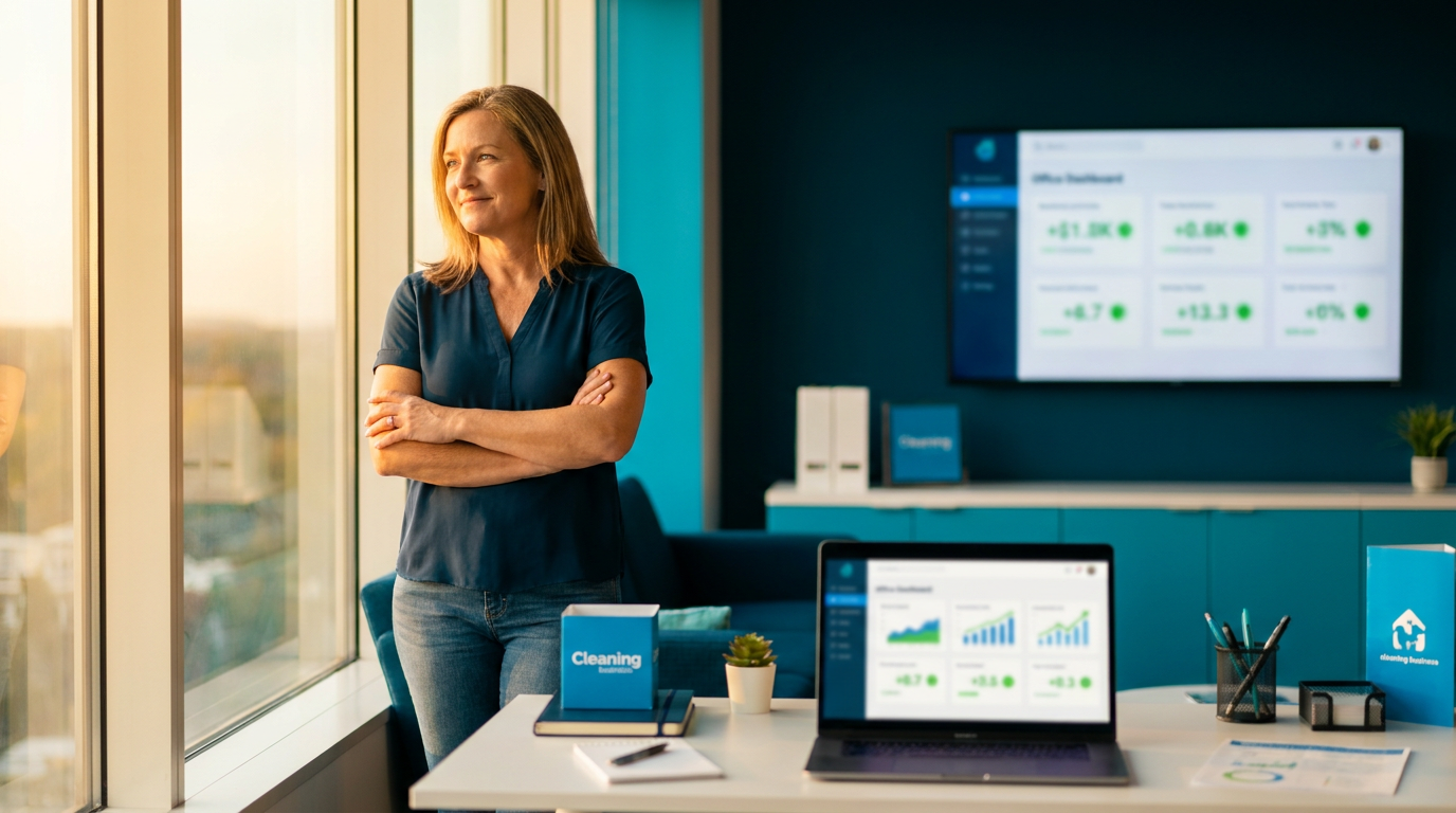Why More Clients Don't Mean More Cleaning Business Profit 3 Successful cleaning business owner with dashboard showing improved cleaning business profit through operational control