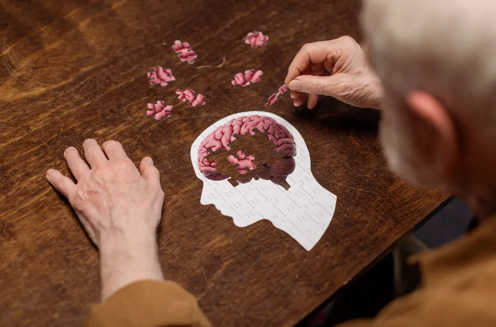 Retiree Assembling Head Shaped Jigsaw Puzzle Featuring an Image of a Brain