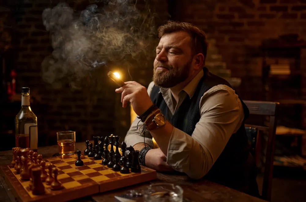 Well Dressed Man With Cigar at Chessboard