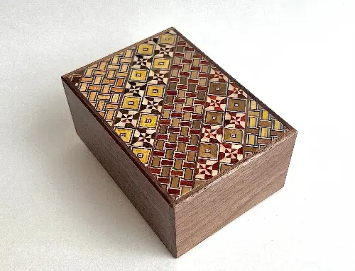 4 Sun 10 Step Yosegi/Walnut Japanese Puzzle Box - Image 1