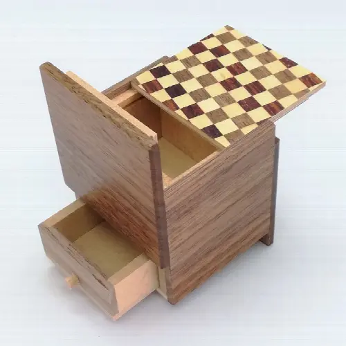 2 Sun 4 Step Natural Wood / Ichimatsu Cubic WITH HIDDEN DRAWER Japanese Puzzle Box - Image 1