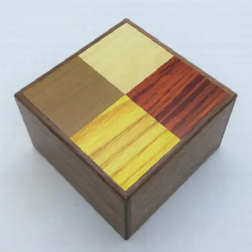 Square 14 Step Four Colors Pattern Natural Wood Japanese Puzzle Box - Image 1